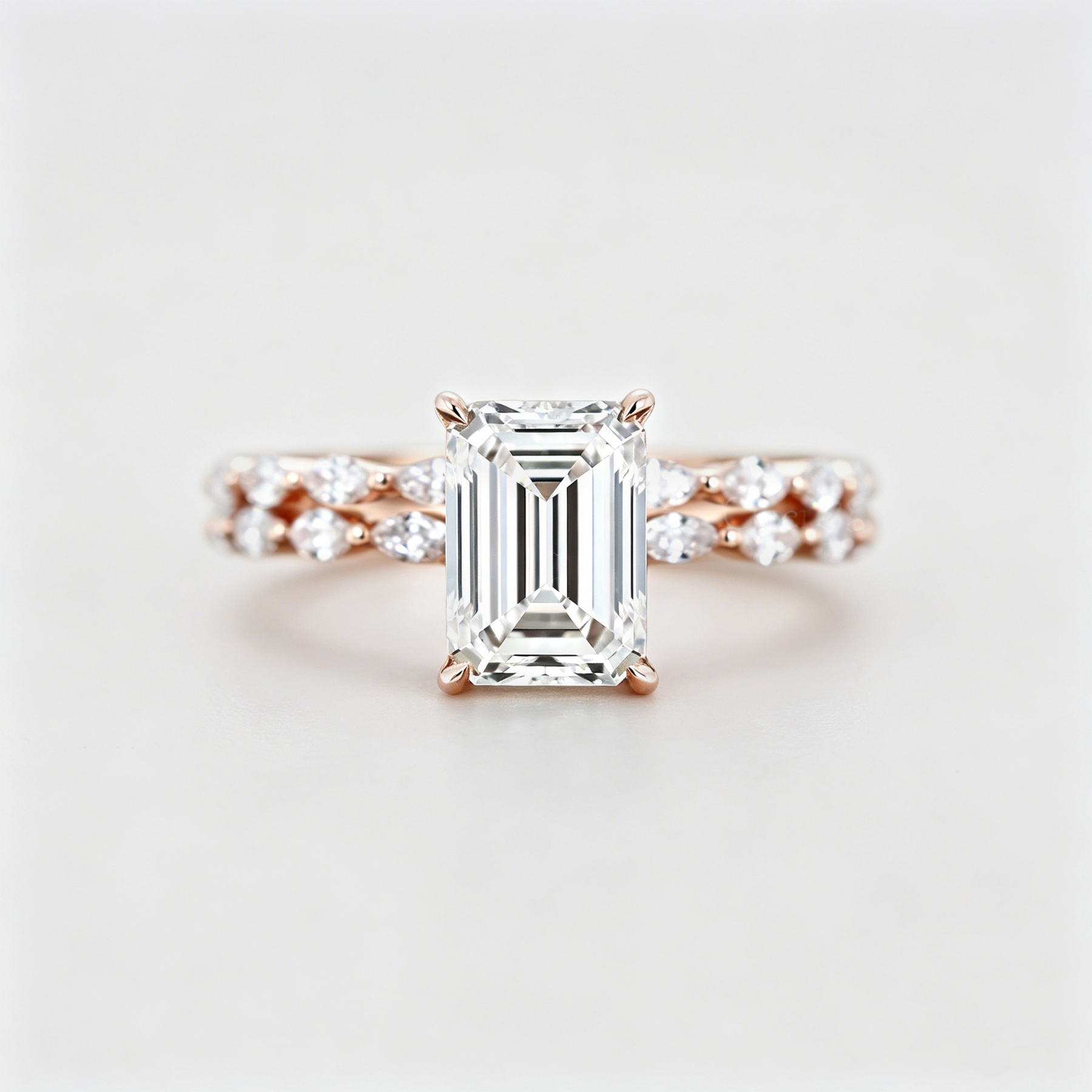 Vintage Rose Gold Emerald Cut Lab Grown Diamond Engagement Ring Bridal Set Gift for her