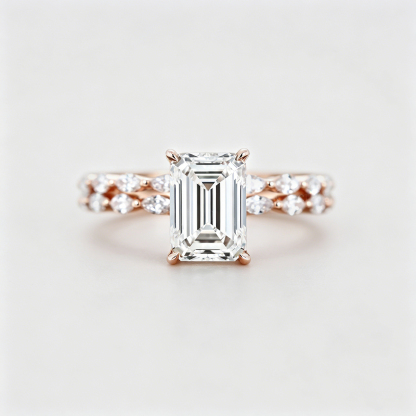 Vintage Rose Gold Emerald Cut Lab Grown Diamond Engagement Ring Bridal Set Gift for her