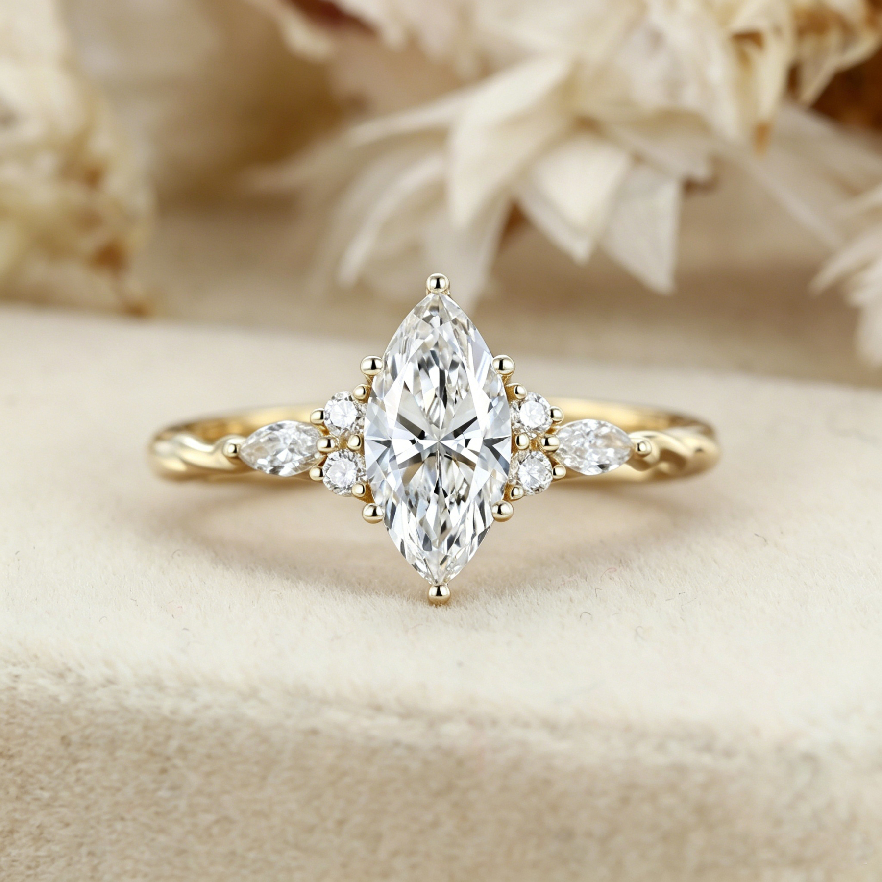 Marquise Lab Grown Diamond Engagement Ring in Unique Yellow Gold Twist Ring