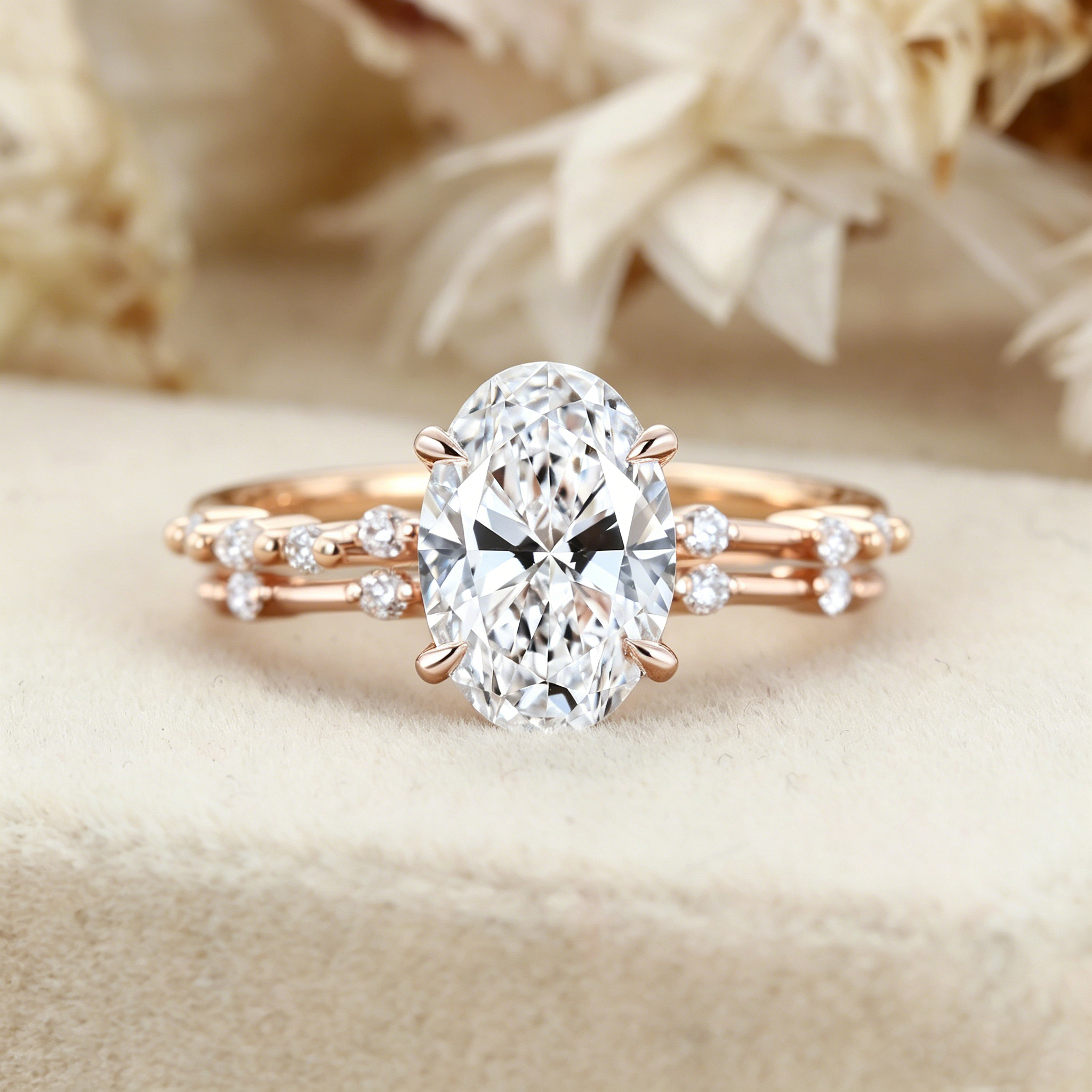 3CT Oval Lab Grown Diamond Engagement Ring Unique 14K Rose Gold  Half Eternity Wedding Ring