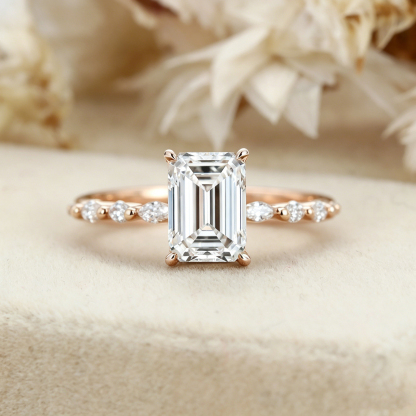2CT Emerald cut Lab Grown Diamond Engagement Ring - Unique 14K Rose Gold Ring