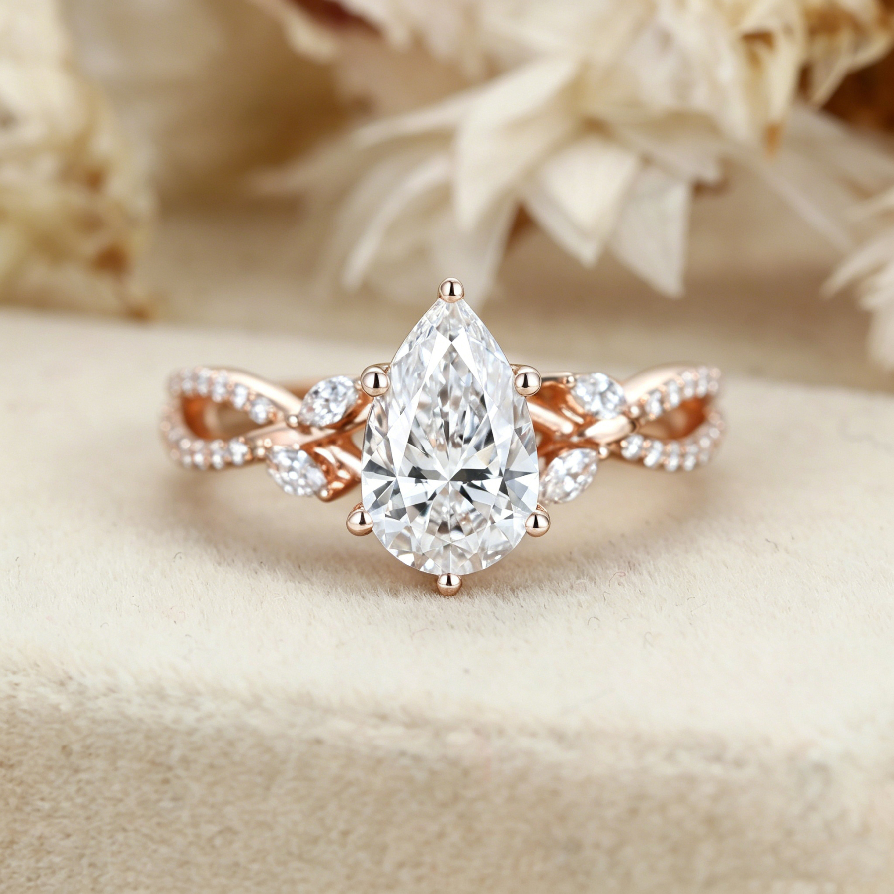 Pear Shaped Lab Grown Diamond Twisted Shank Ring - Rose Golg