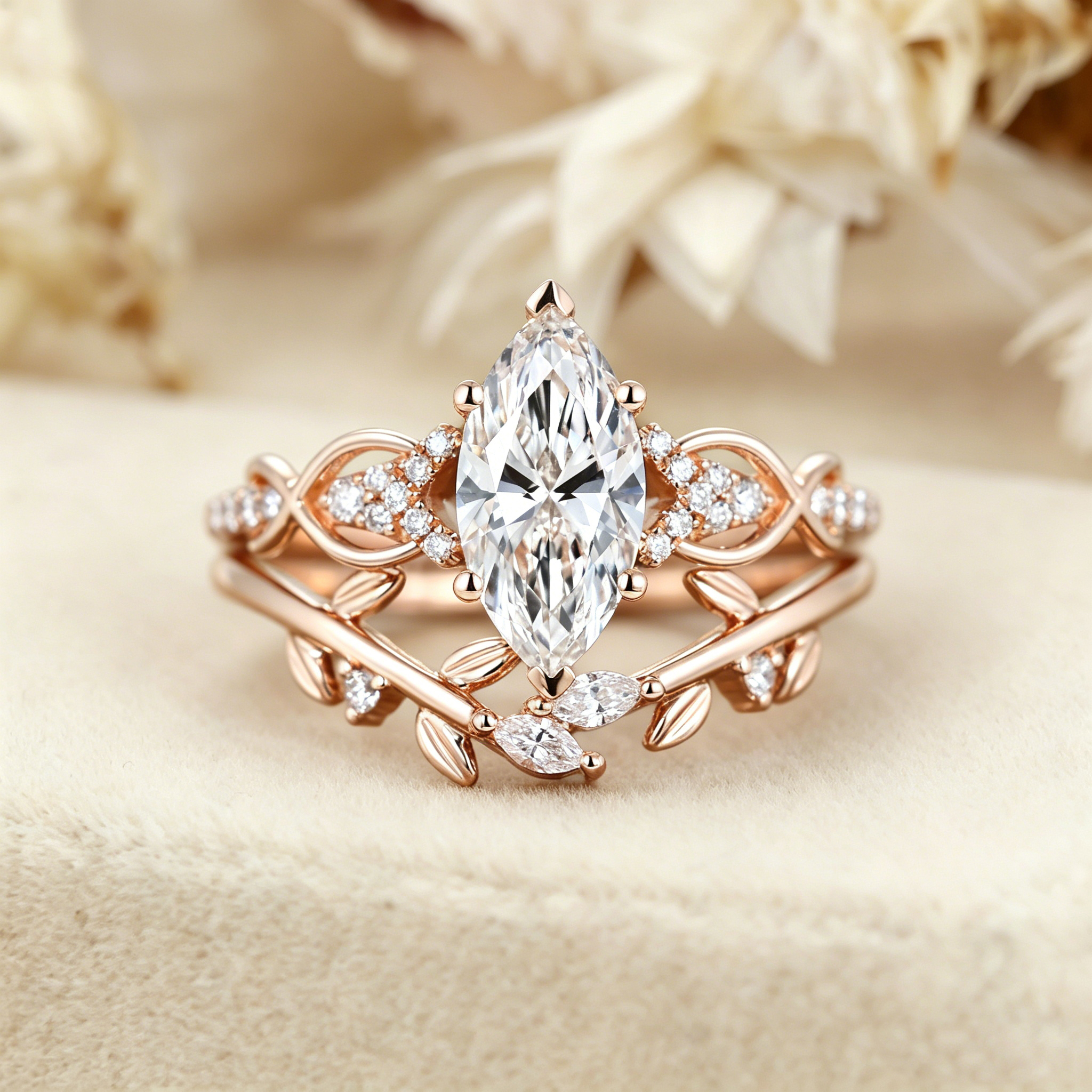 Marquise Cut Lab Grown Diamond Engagement Ring Wedding Set In Rose Gold