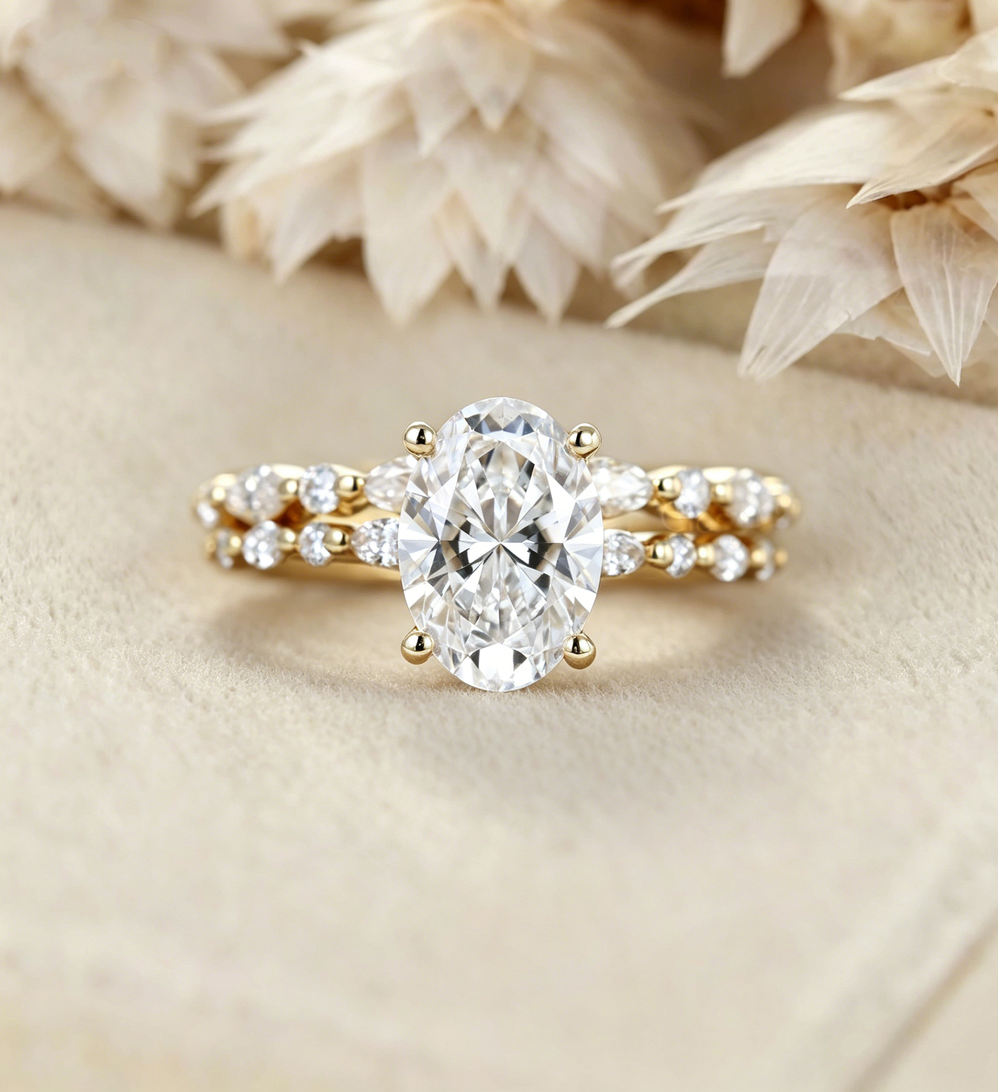 2.0ct Oval Cut Lab Grown Diamond Pave Vintage Solitaire Ring Set 2pcs