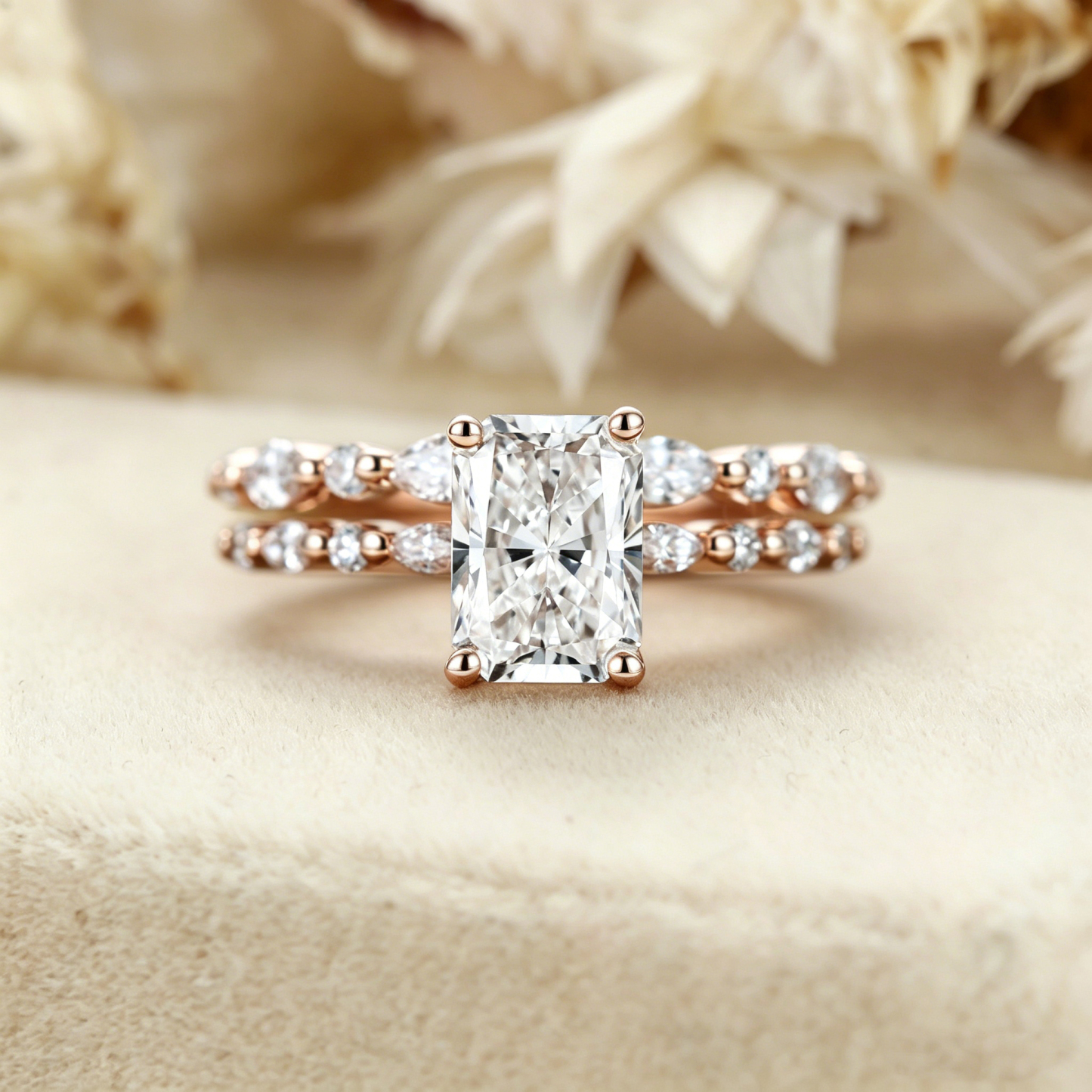 1.0ct Radiant Cut Lab Grown Diamond Cluster Engagement Ring Set