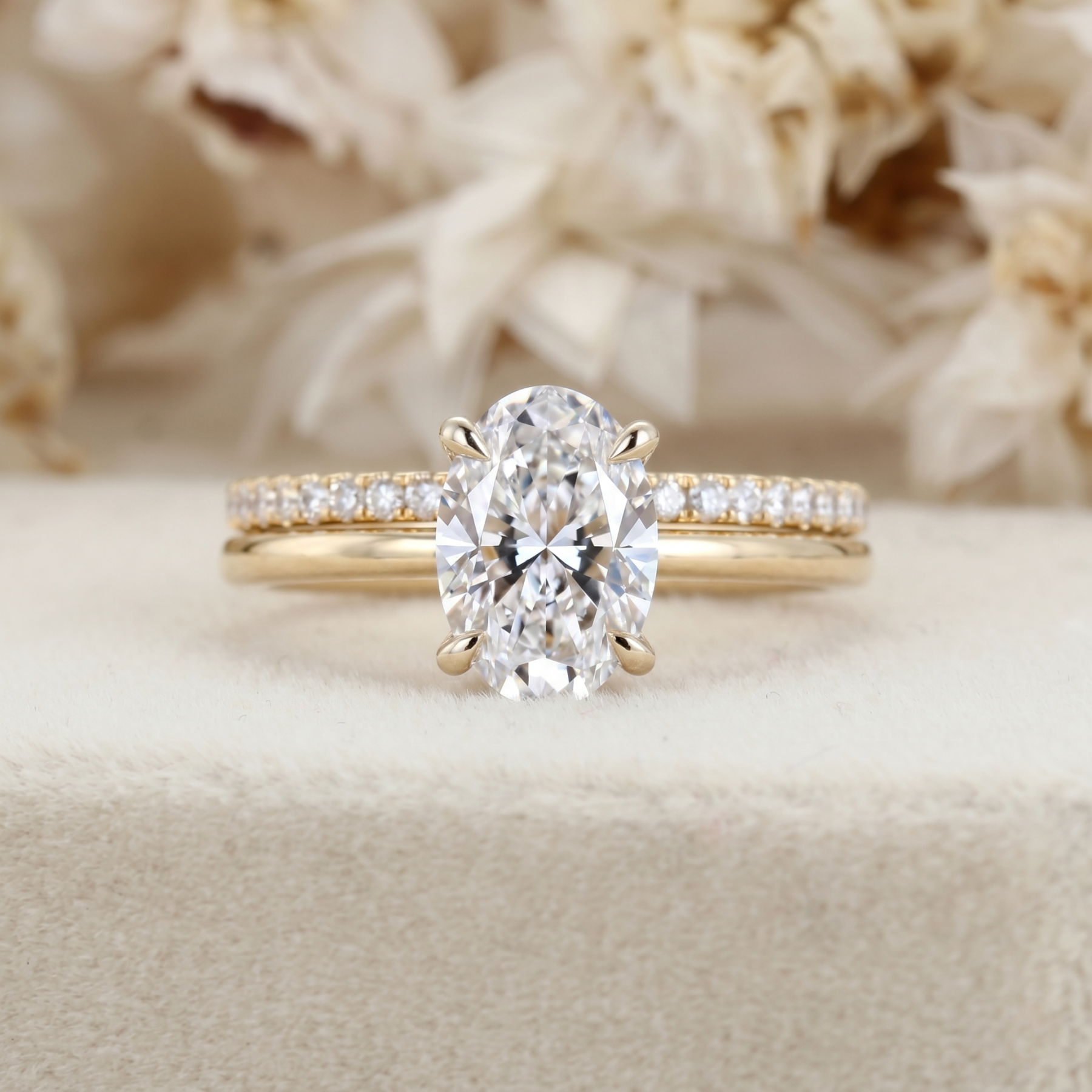 1.5 CT Oval Lab Grown Diamond Hidden Halo 14K Gold Bridal Set