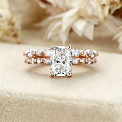 1.0ct Radiant Cut Lab Grown Diamond Cluster Engagement Ring Set