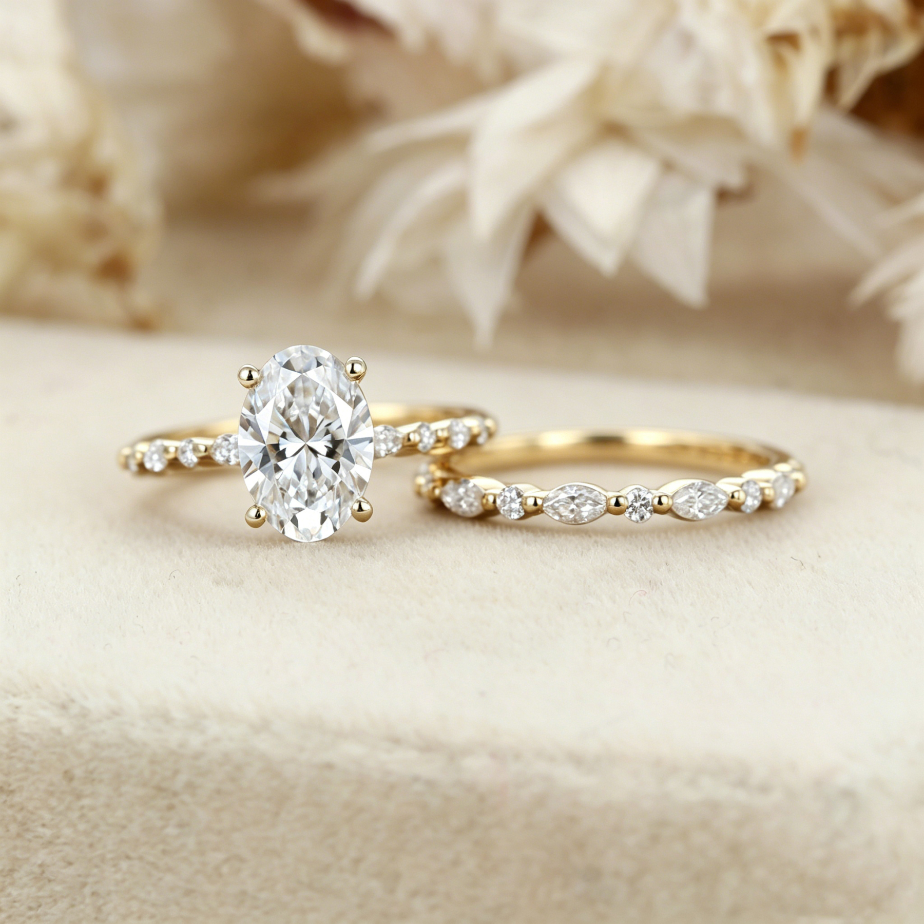 2.0ct Oval Cut Lab Grown Diamond Pave Vintage Solitaire Ring Set 2pcs
