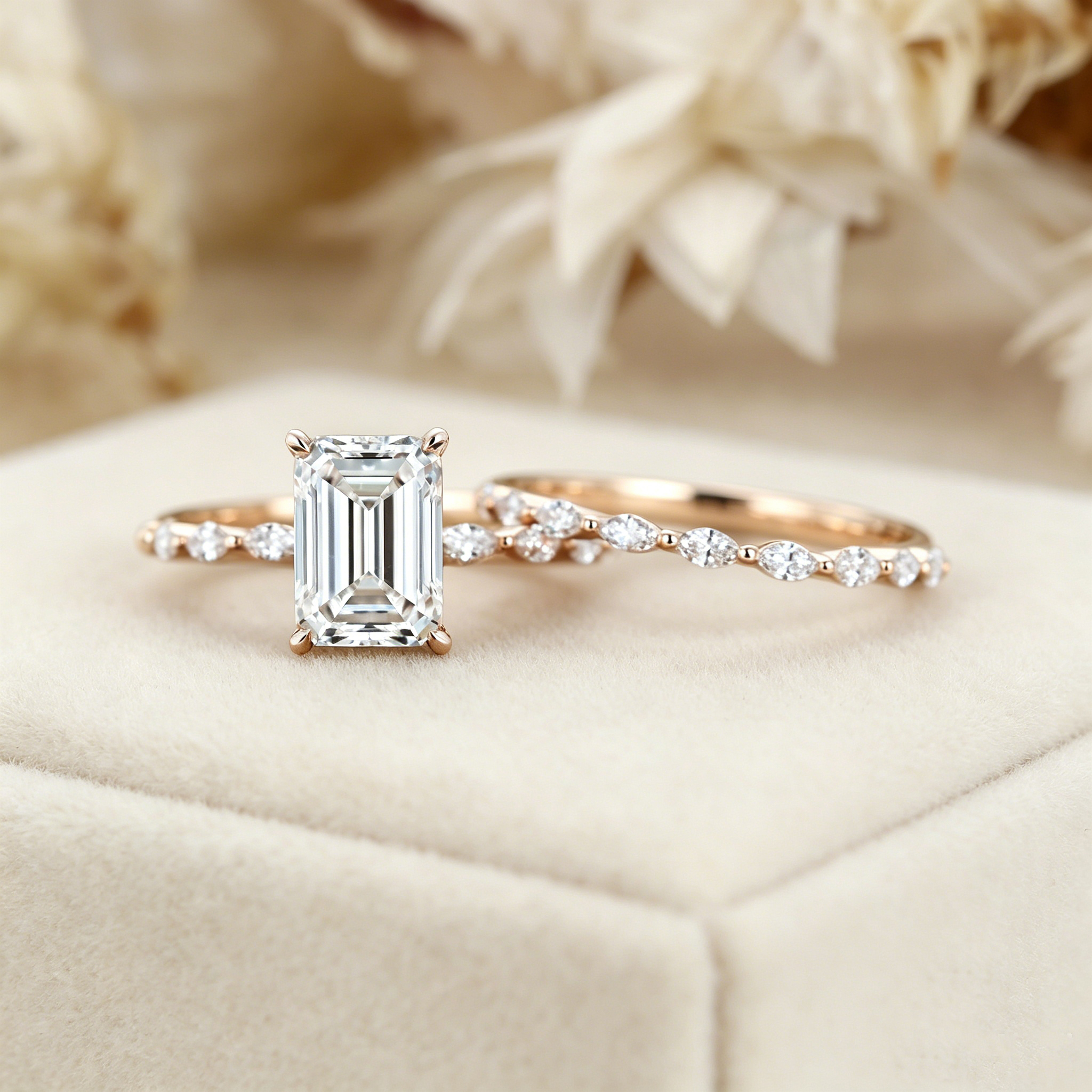 Vintage Rose Gold Emerald Cut Lab Grown Diamond Engagement Ring Bridal Set Gift for her