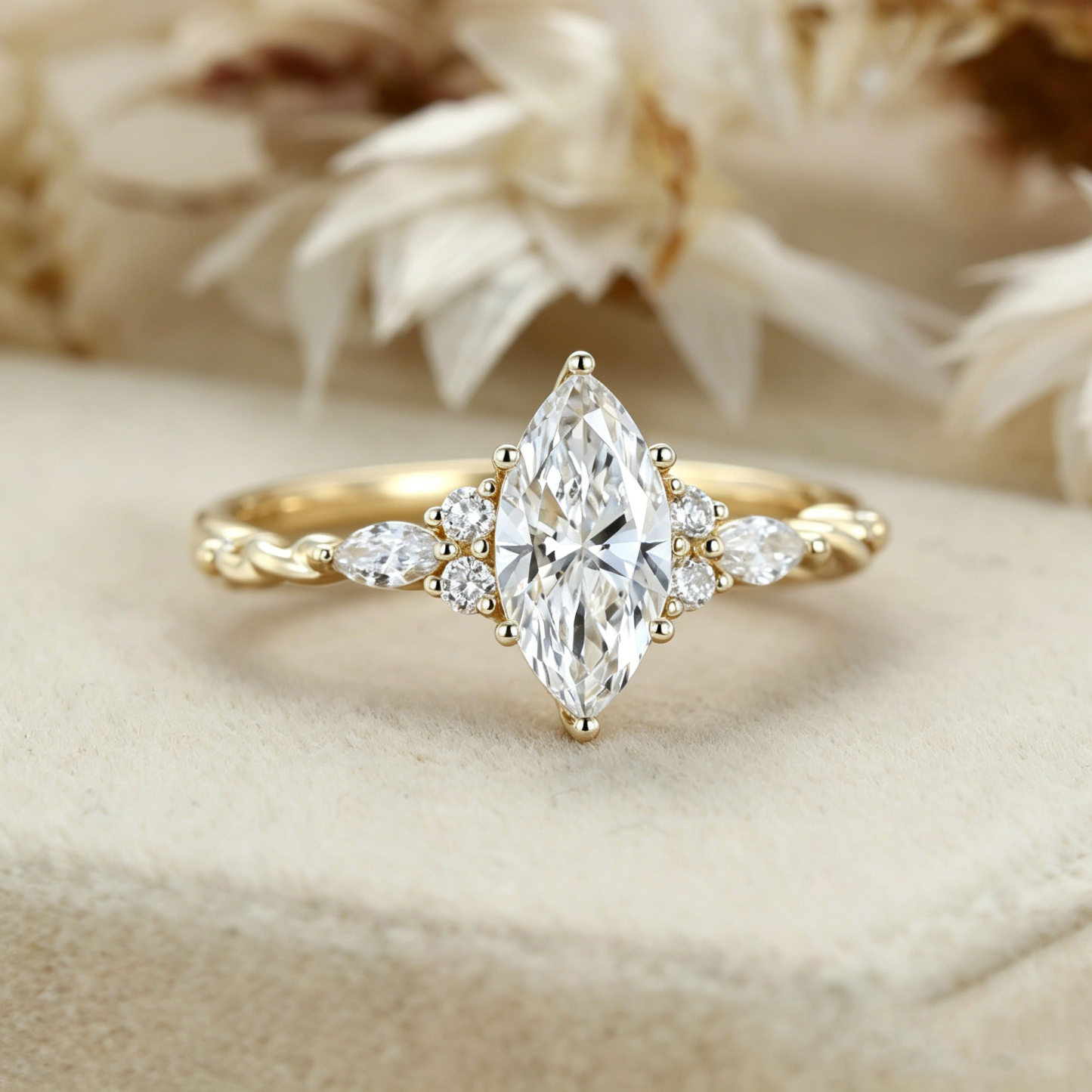 Marquise Lab Grown Diamond Engagement Ring in Unique Yellow Gold Twist Ring