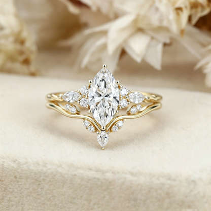 1.0ct IGI Certificate Marquise Lab Diamond Engagement Ring Set Yellow Gold Twist Bridal Set