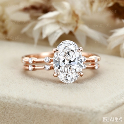 3CT Oval Lab Grown Diamond Engagement Ring Unique 14K Rose Gold  Half Eternity Wedding Ring