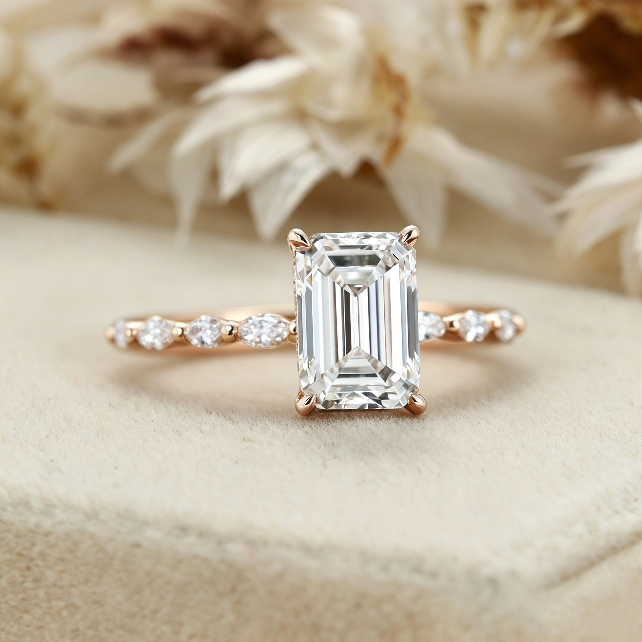 2CT Emerald cut Lab Grown Diamond Engagement Ring - Unique 14K Rose Gold Ring