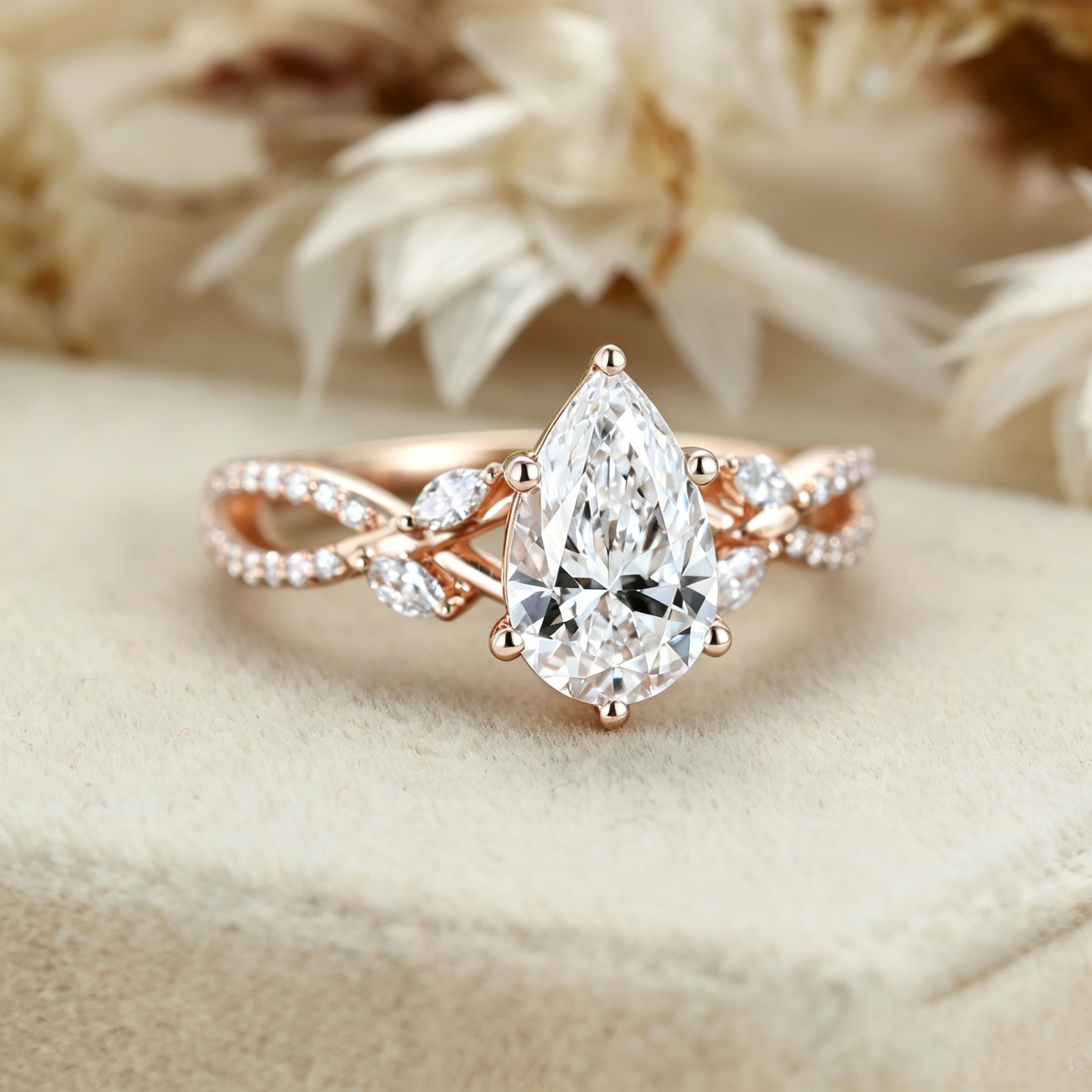 Pear Shaped Lab Grown Diamond Twisted Shank Ring - Rose Golg
