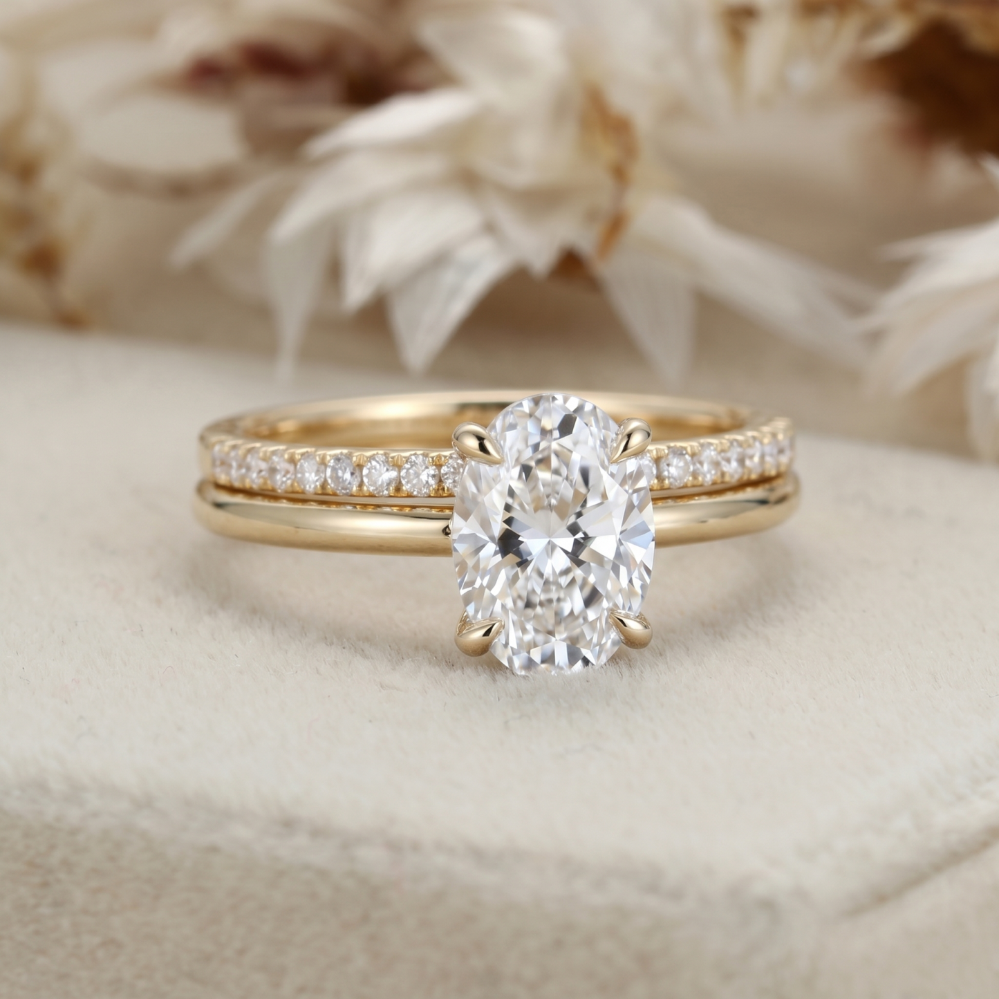 1.5 CT Oval Lab Grown Diamond Hidden Halo 14K Gold Bridal Set