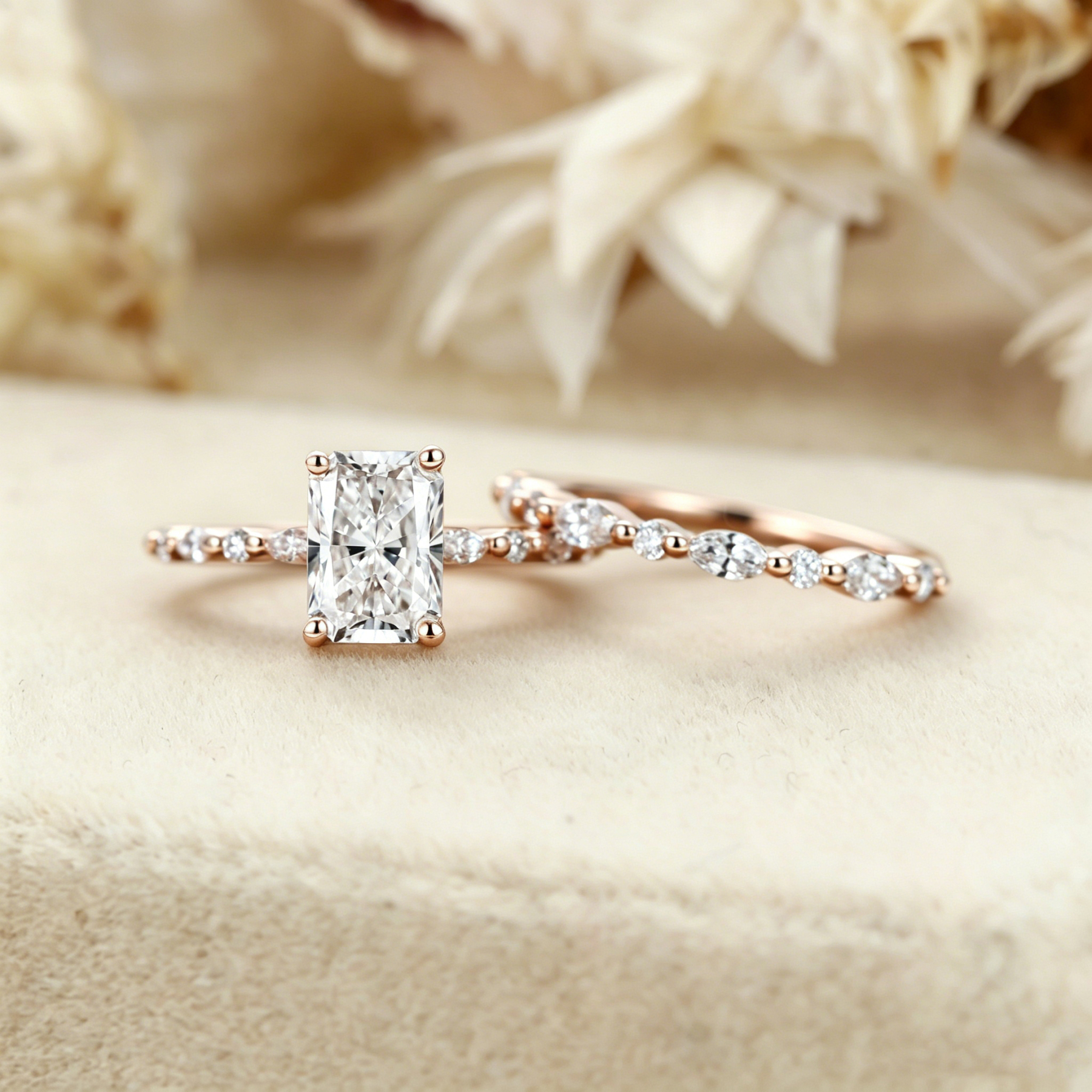 1.0ct Radiant Cut Lab Grown Diamond Cluster Engagement Ring Set