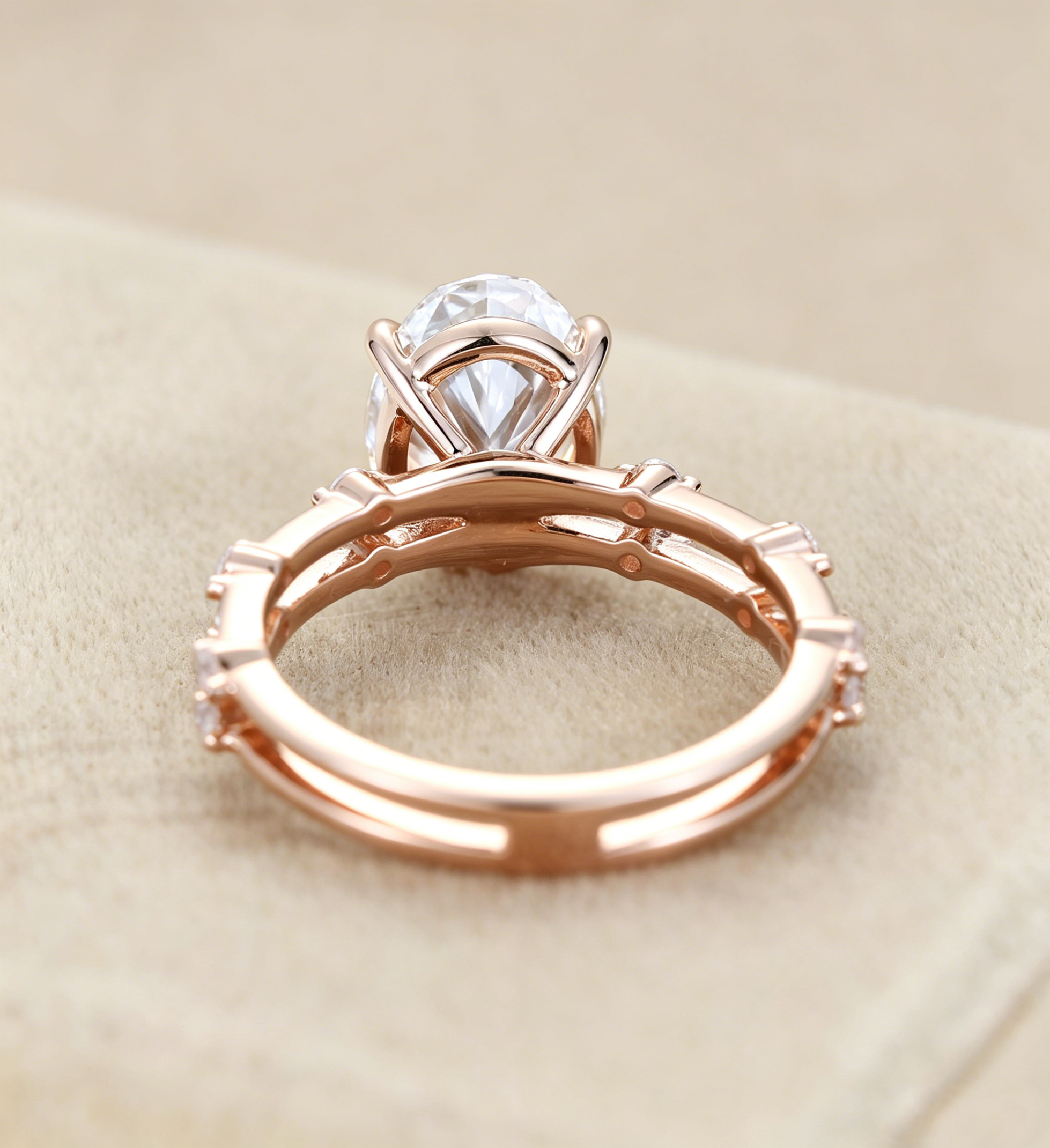 3CT Oval Lab Grown Diamond Engagement Ring Unique 14K Rose Gold  Half Eternity Wedding Ring
