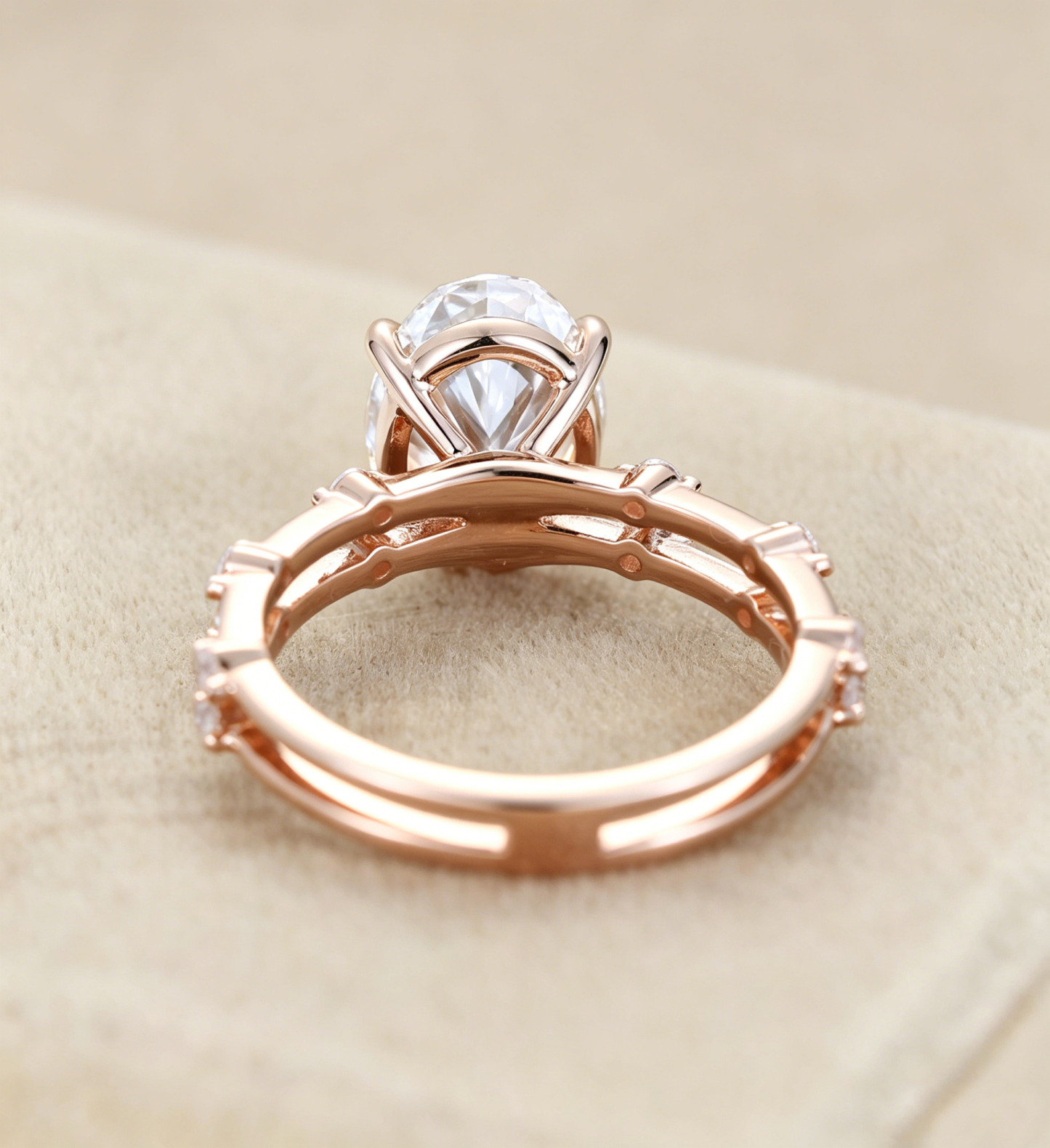 3CT Oval Lab Grown Diamond Engagement Ring Unique 14K Rose Gold  Half Eternity Wedding Ring