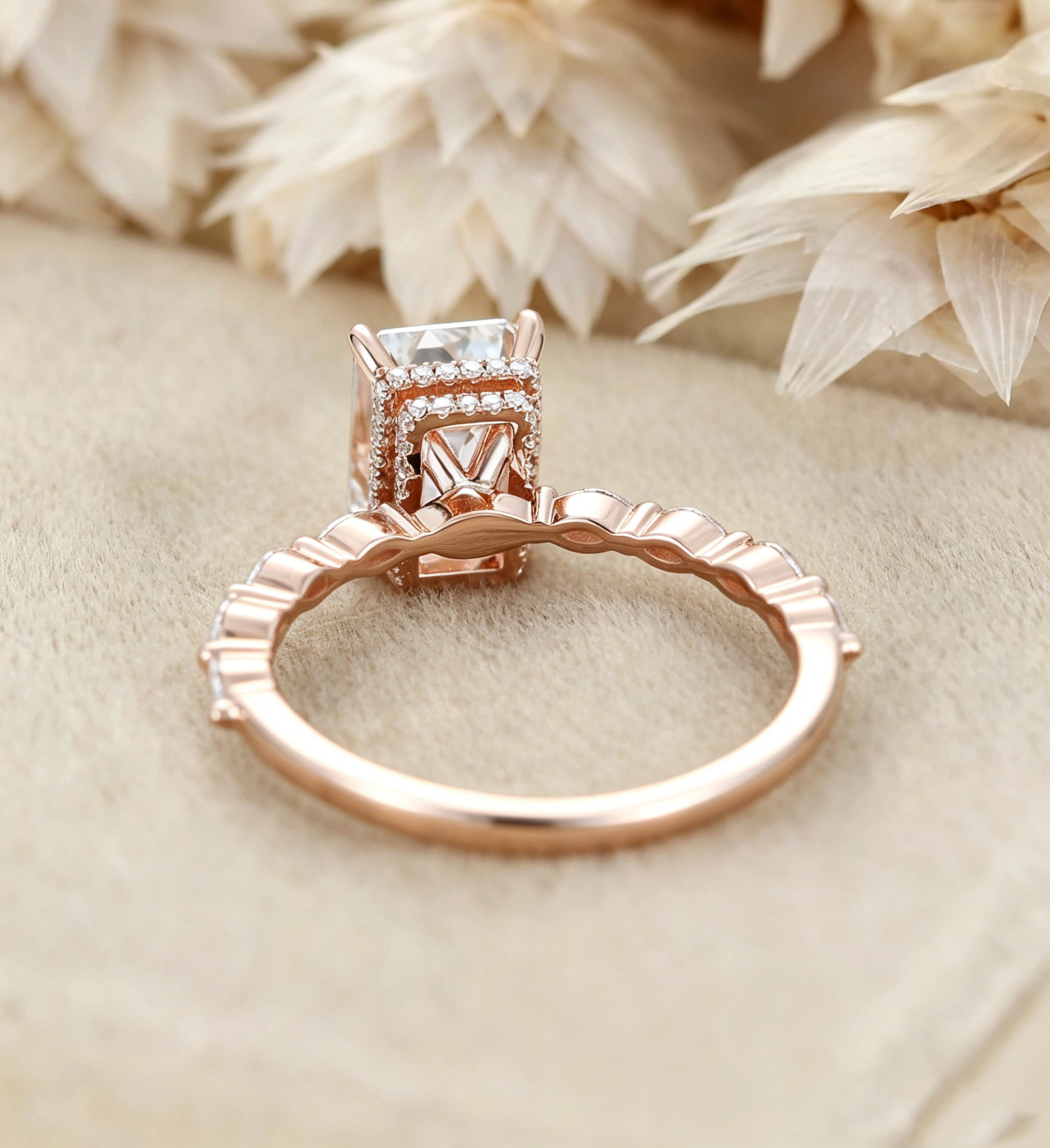 2CT Emerald cut Lab Grown Diamond Engagement Ring - Unique 14K Rose Gold Ring