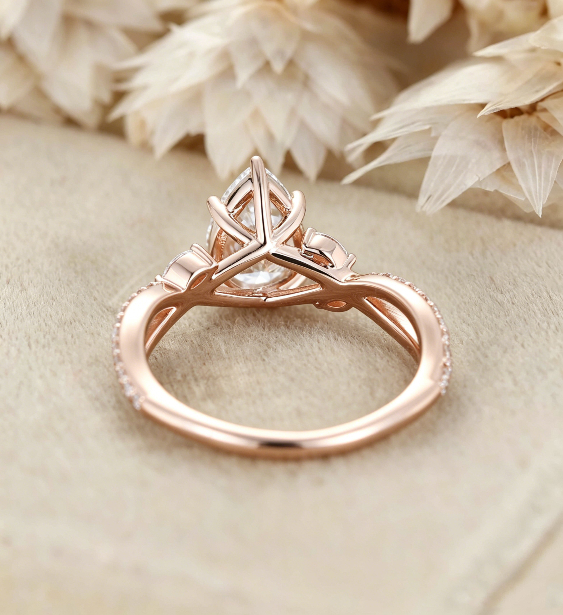 Pear Shaped Lab Grown Diamond Twisted Shank Ring - Rose Golg