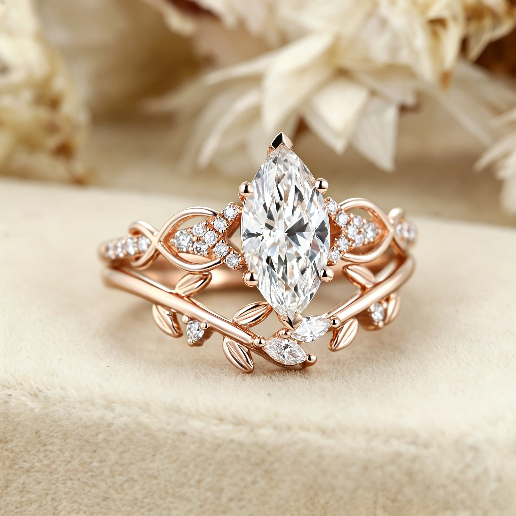 Marquise Cut Lab Grown Diamond Engagement Ring Wedding Set In Rose Gold
