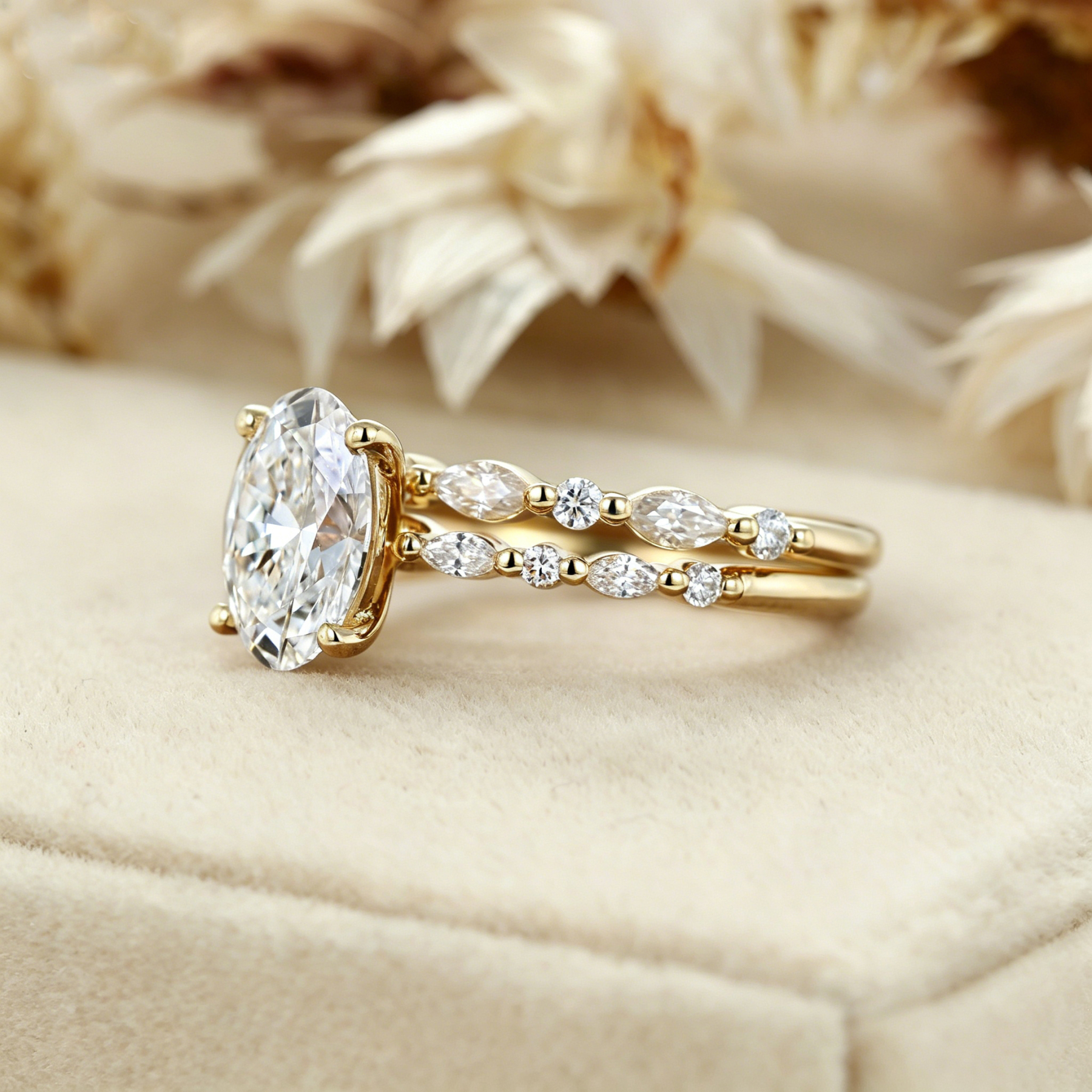 2.0ct Oval Cut Lab Grown Diamond Pave Vintage Solitaire Ring Set 2pcs