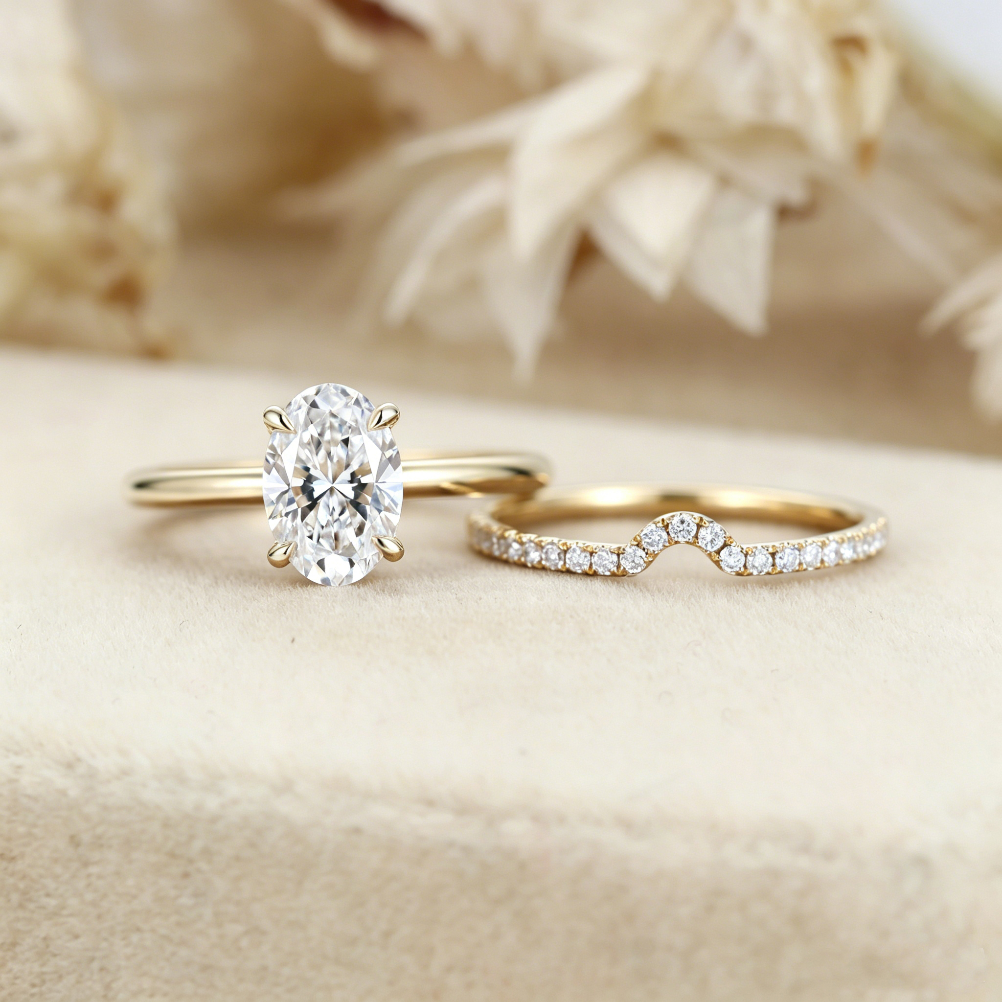 1.5 CT Oval Lab Grown Diamond Hidden Halo 14K Gold Bridal Set