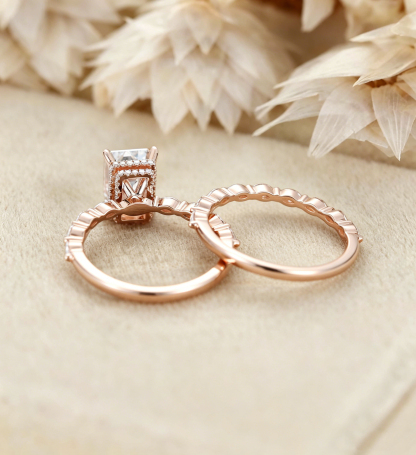 Vintage Rose Gold Emerald Cut Lab Grown Diamond Engagement Ring Bridal Set Gift for her