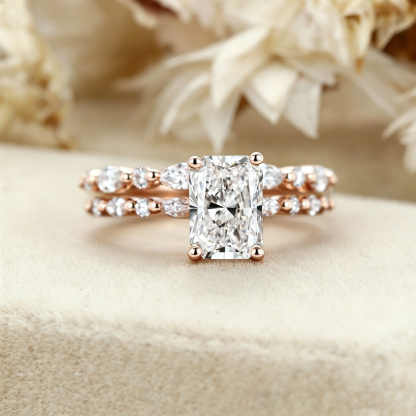 1.0ct Radiant Cut Lab Grown Diamond Cluster Engagement Ring Set