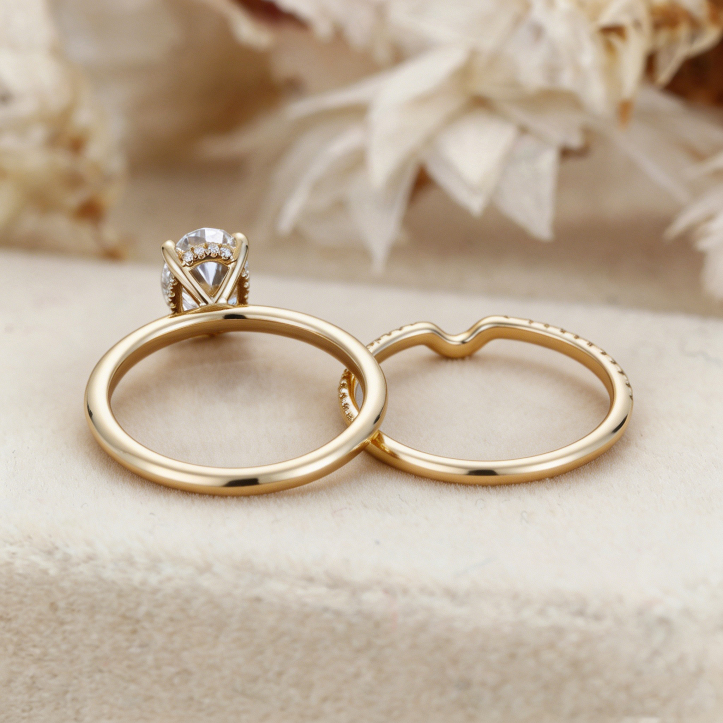 1.5 CT Oval Lab Grown Diamond Hidden Halo 14K Gold Bridal Set