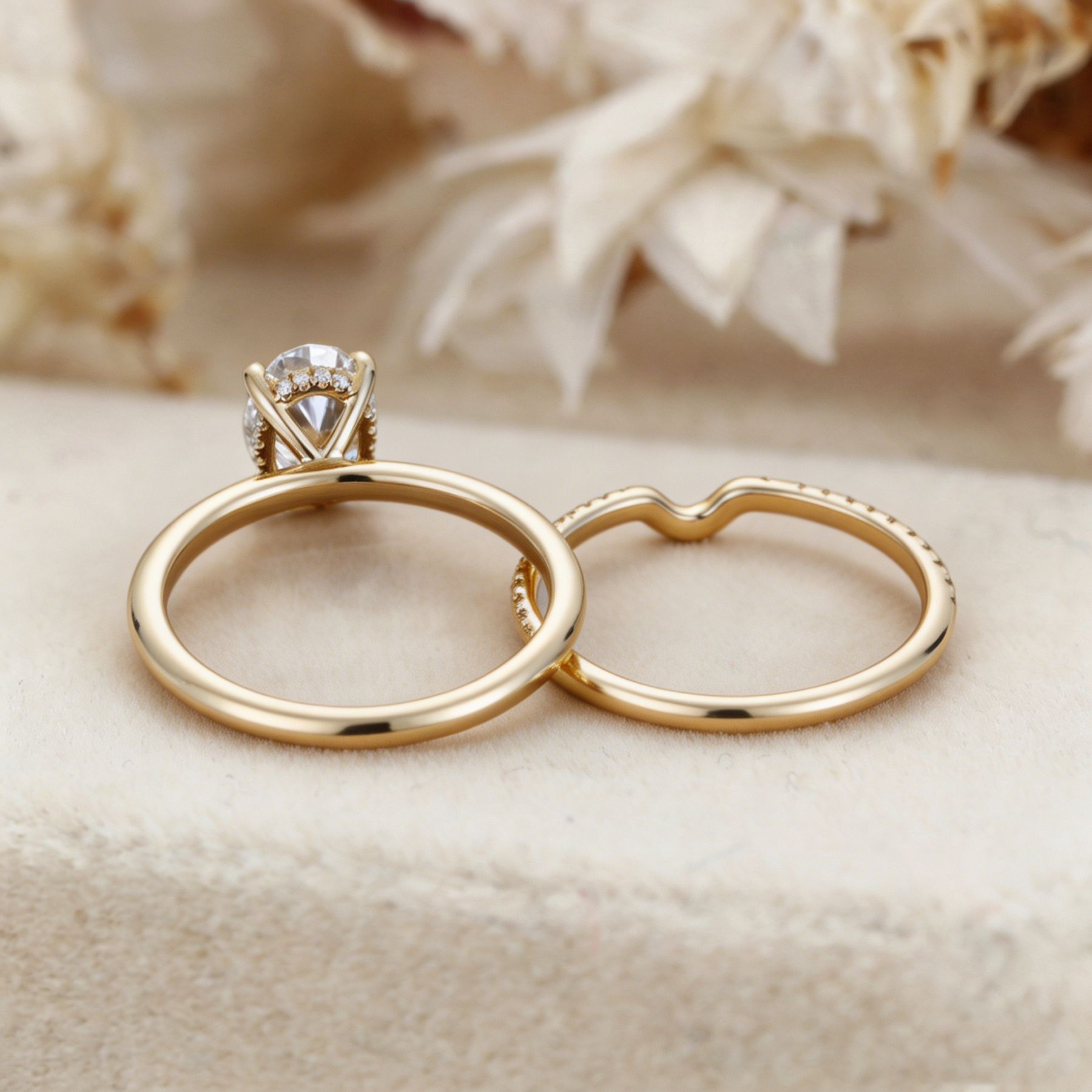1.5 CT Oval Lab Grown Diamond Hidden Halo 14K Gold Bridal Set