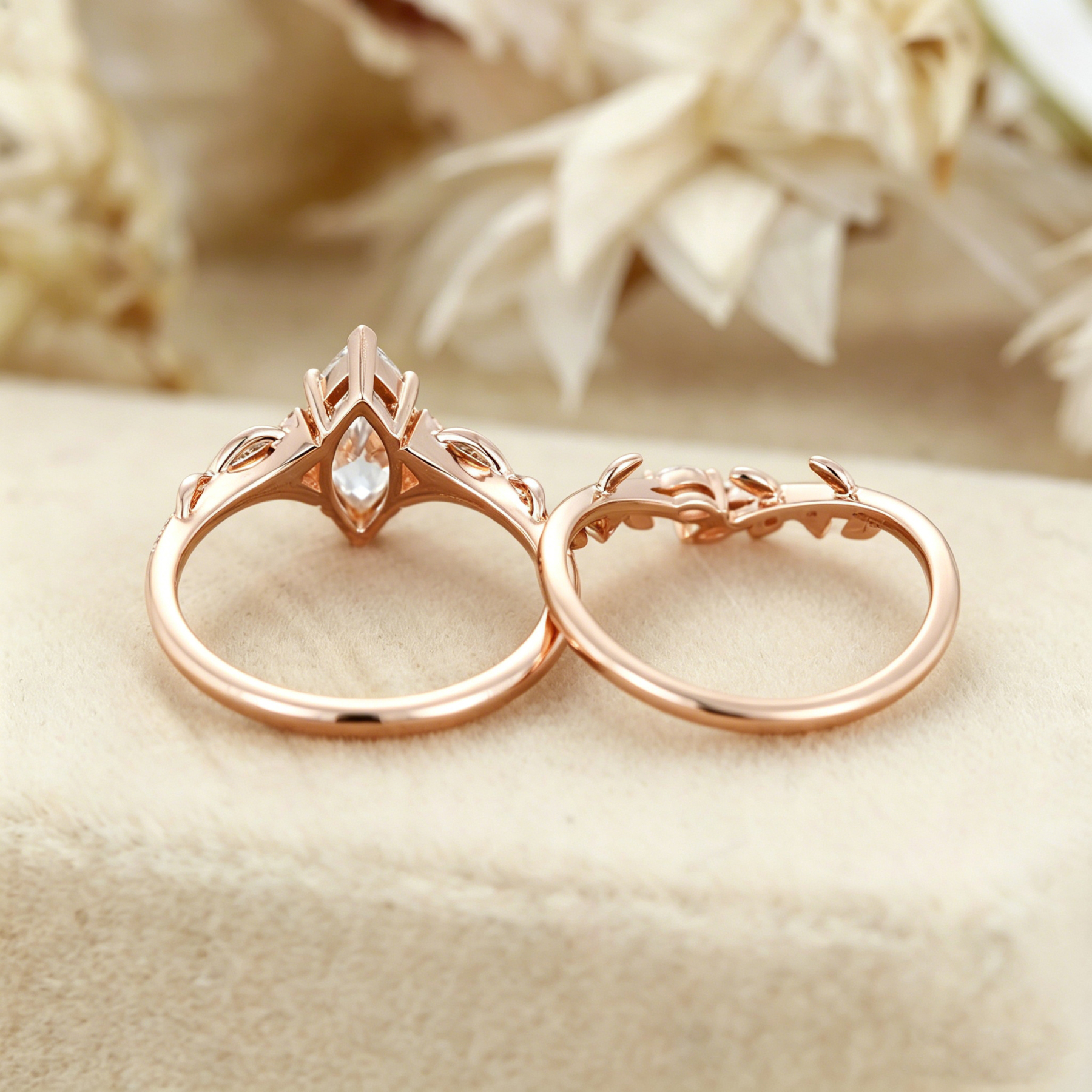 Marquise Cut Lab Grown Diamond Engagement Ring Wedding Set In Rose Gold