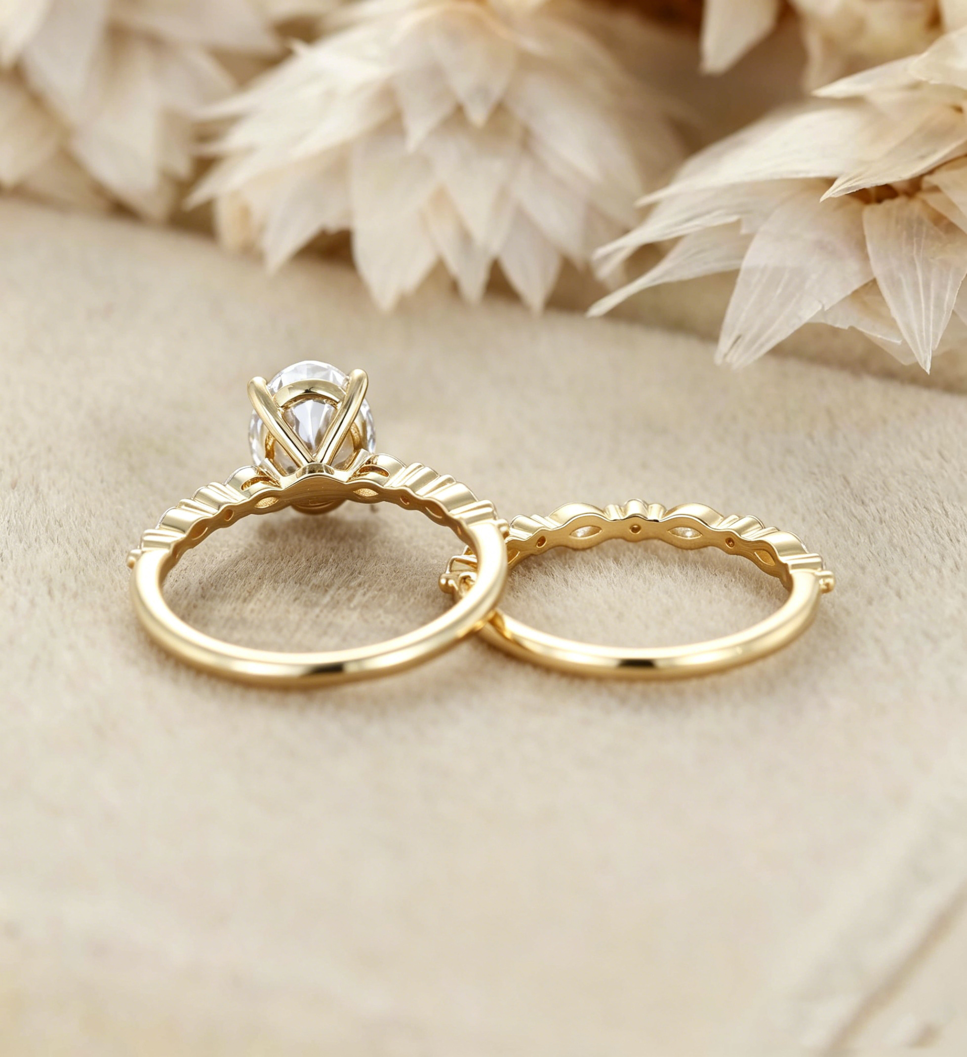 2.0ct Oval Cut Lab Grown Diamond Pave Vintage Solitaire Ring Set 2pcs