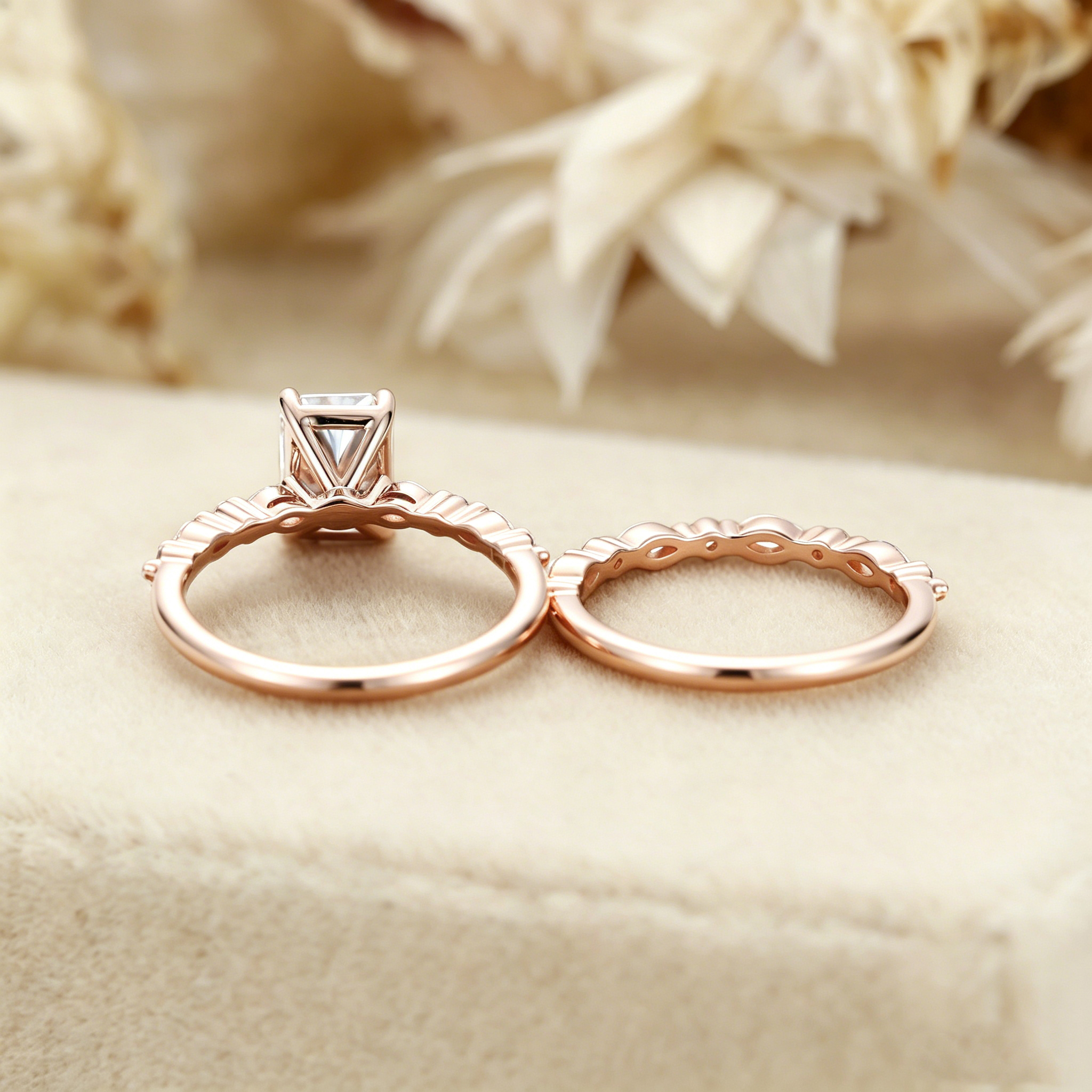 1.0ct Radiant Cut Lab Grown Diamond Cluster Engagement Ring Set
