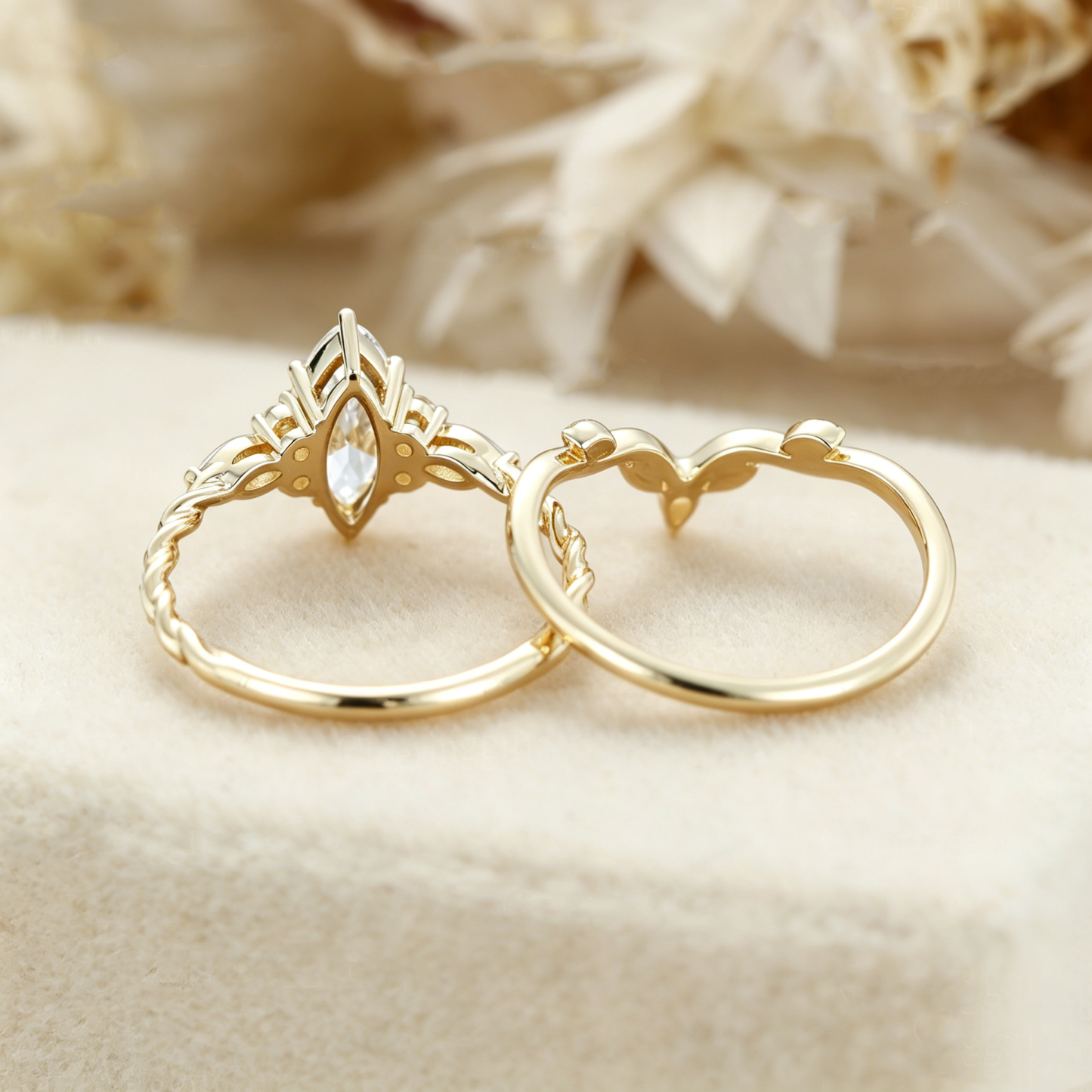 1.0ct IGI Certificate Marquise Lab Diamond Engagement Ring Set Yellow Gold Twist Bridal Set