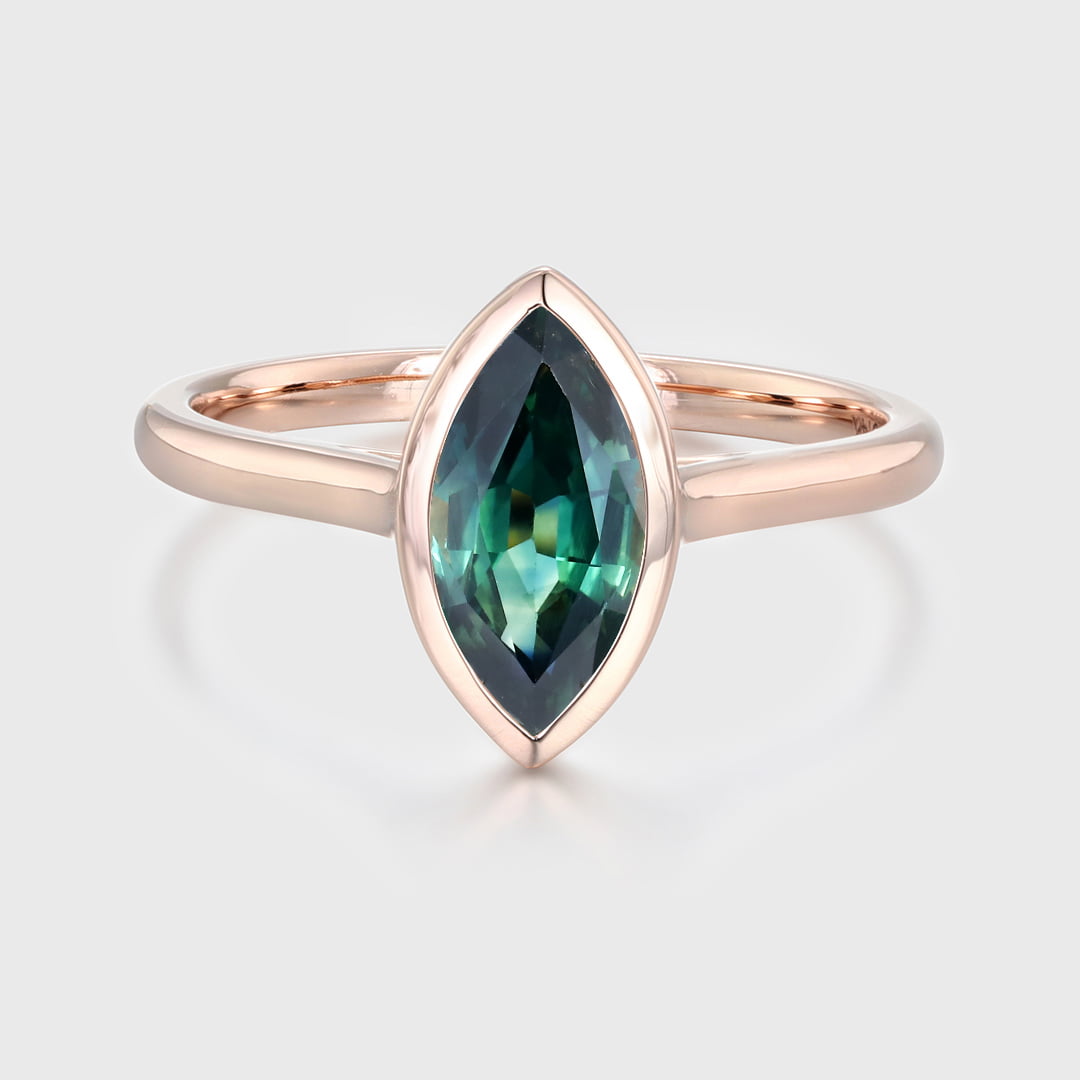 1.0 Ct Marquise Cut Lab Blue Green Sapphire Solitaire Engagement Ring 14K Rose Gold Bezel Set Anniversary Ring For Her