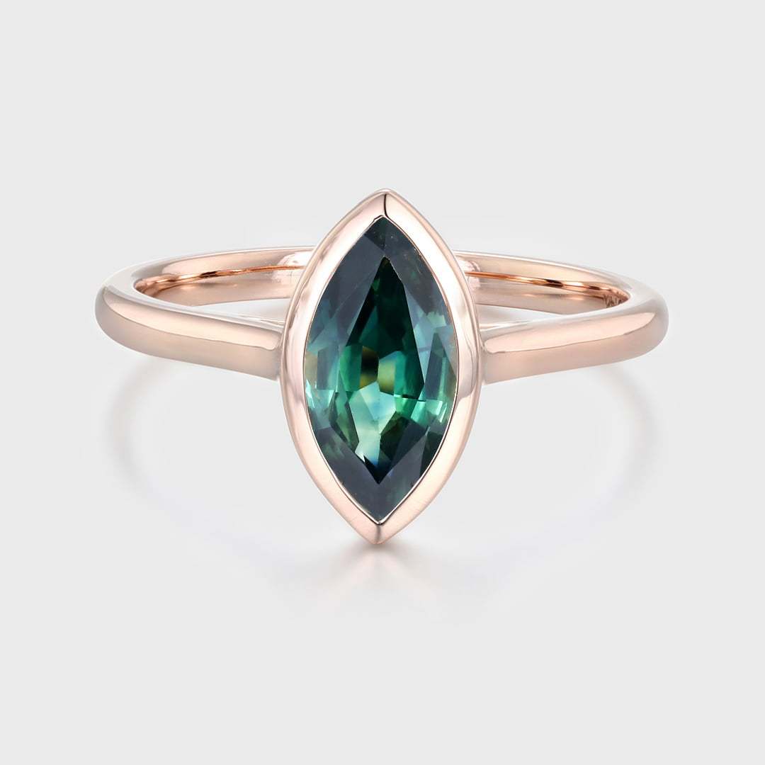 1.0 Ct Marquise Cut Lab Blue Green Sapphire Solitaire Engagement Ring 14K Rose Gold Bezel Set Anniversary Ring For Her