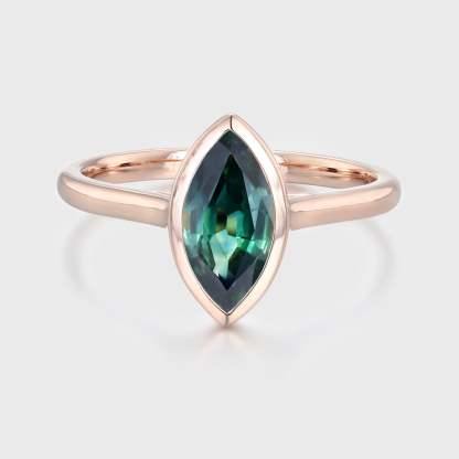 1.0 Ct Marquise Cut Lab Blue Green Sapphire Solitaire Engagement Ring 14K Rose Gold Bezel Set Anniversary Ring For Her