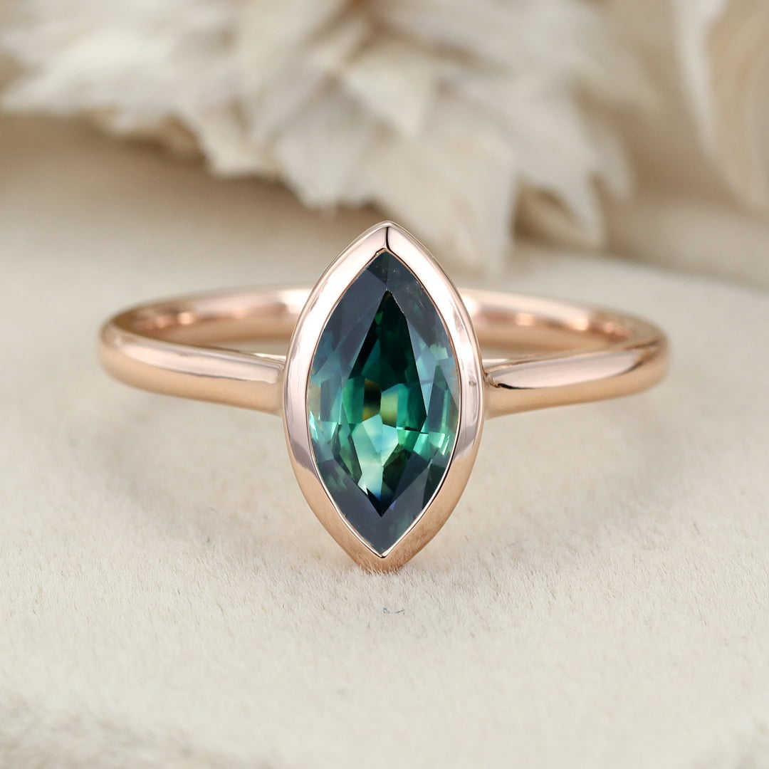 1.0 Ct Marquise Cut Lab Blue Green Sapphire Solitaire Engagement Ring 14K Rose Gold Bezel Set Anniversary Ring For Her