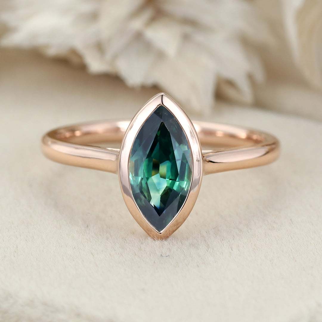 1.0 Ct Marquise Cut Lab Blue Green Sapphire Solitaire Engagement Ring 14K Rose Gold Bezel Set Anniversary Ring For Her