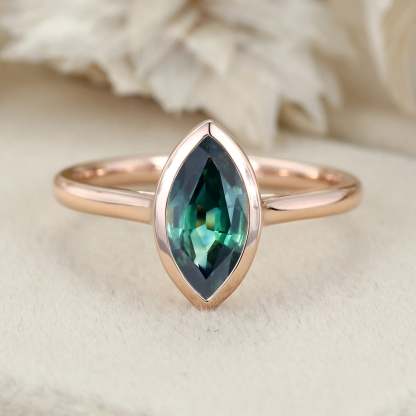 1.0 Ct Marquise Cut Lab Blue Green Sapphire Solitaire Engagement Ring 14K Rose Gold Bezel Set Anniversary Ring For Her