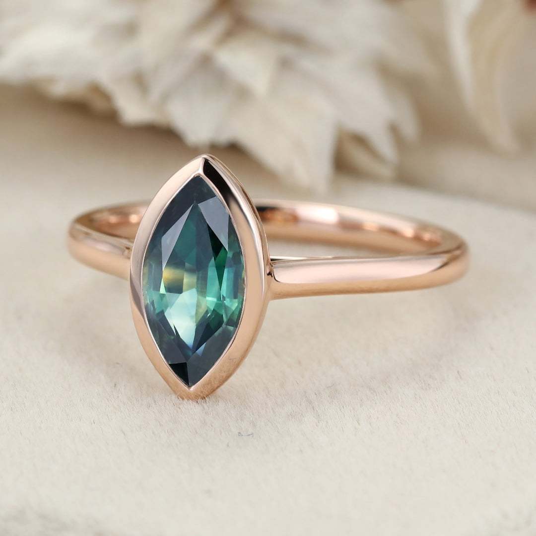 1.0 Ct Marquise Cut Lab Blue Green Sapphire Solitaire Engagement Ring 14K Rose Gold Bezel Set Anniversary Ring For Her