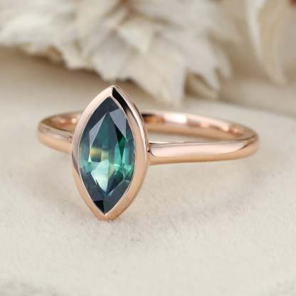 1.0 Ct Marquise Cut Lab Blue Green Sapphire Solitaire Engagement Ring 14K Rose Gold Bezel Set Anniversary Ring For Her