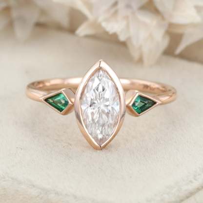 1.0Ct Marquise Cut Moissanite Engagement Ring Bezel Set Kite Cut Lab Emerald Wedding Ring Three Stone Green Ring