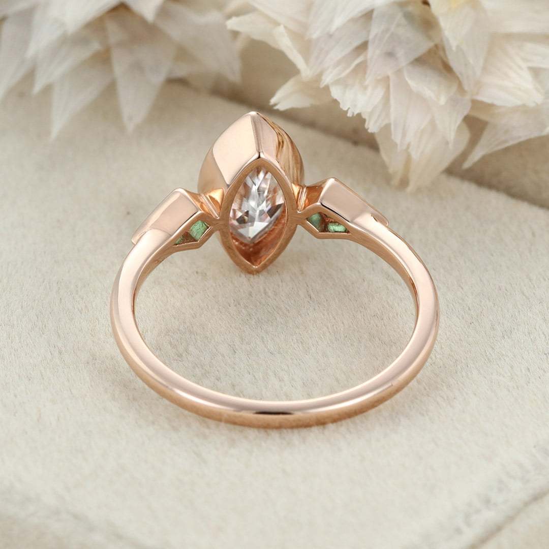 1.0Ct Marquise Cut Moissanite Engagement Ring Bezel Set Kite Cut Lab Emerald Wedding Ring Three Stone Green Ring