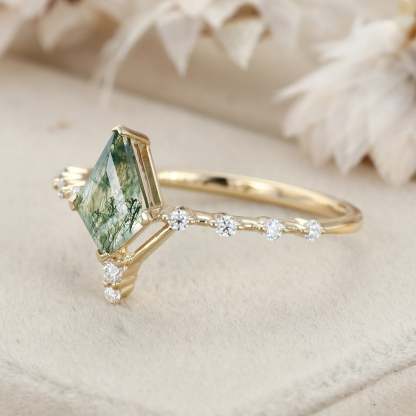 1.0ct Kite Cut Natural Moss Agate Engagement Ring Vintage 14K Rose Gold Diamond Wedding Ring