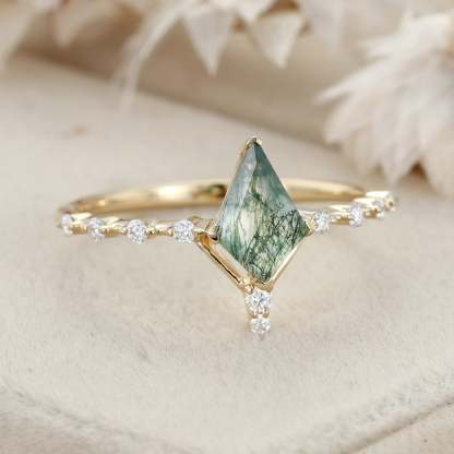 1.0ct Kite Cut Natural Moss Agate Engagement Ring Vintage 14K Rose Gold Diamond Wedding Ring