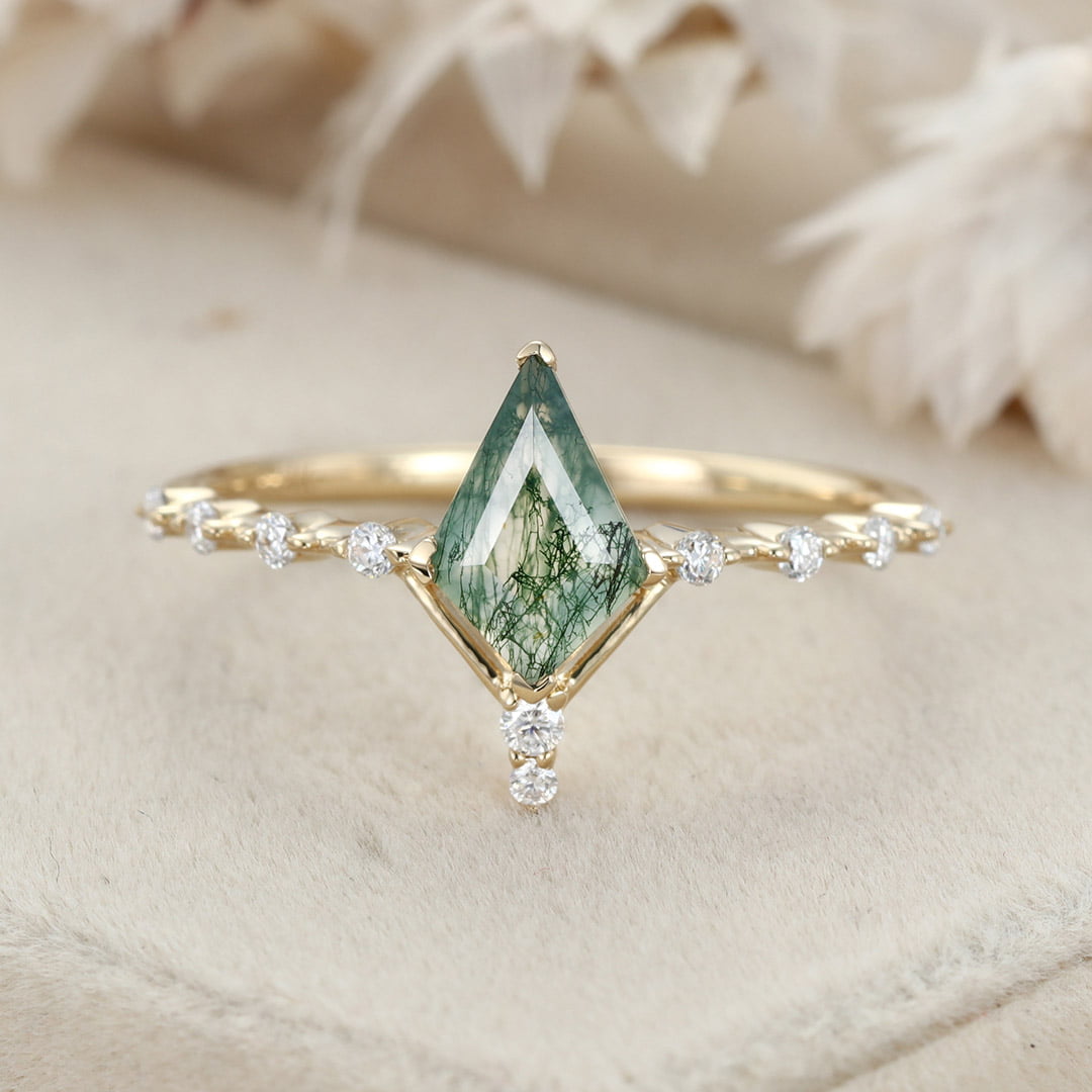 1.0ct Kite Cut Natural Moss Agate Engagement Ring Vintage 14K Rose Gold Diamond Wedding Ring
