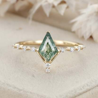 1.0ct Kite Cut Natural Moss Agate Engagement Ring Vintage 14K Rose Gold Diamond Wedding Ring