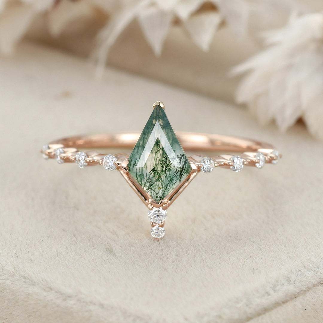 1.0ct Kite Cut Natural Moss Agate Engagement Ring Vintage 14K Rose Gold Diamond Wedding Ring
